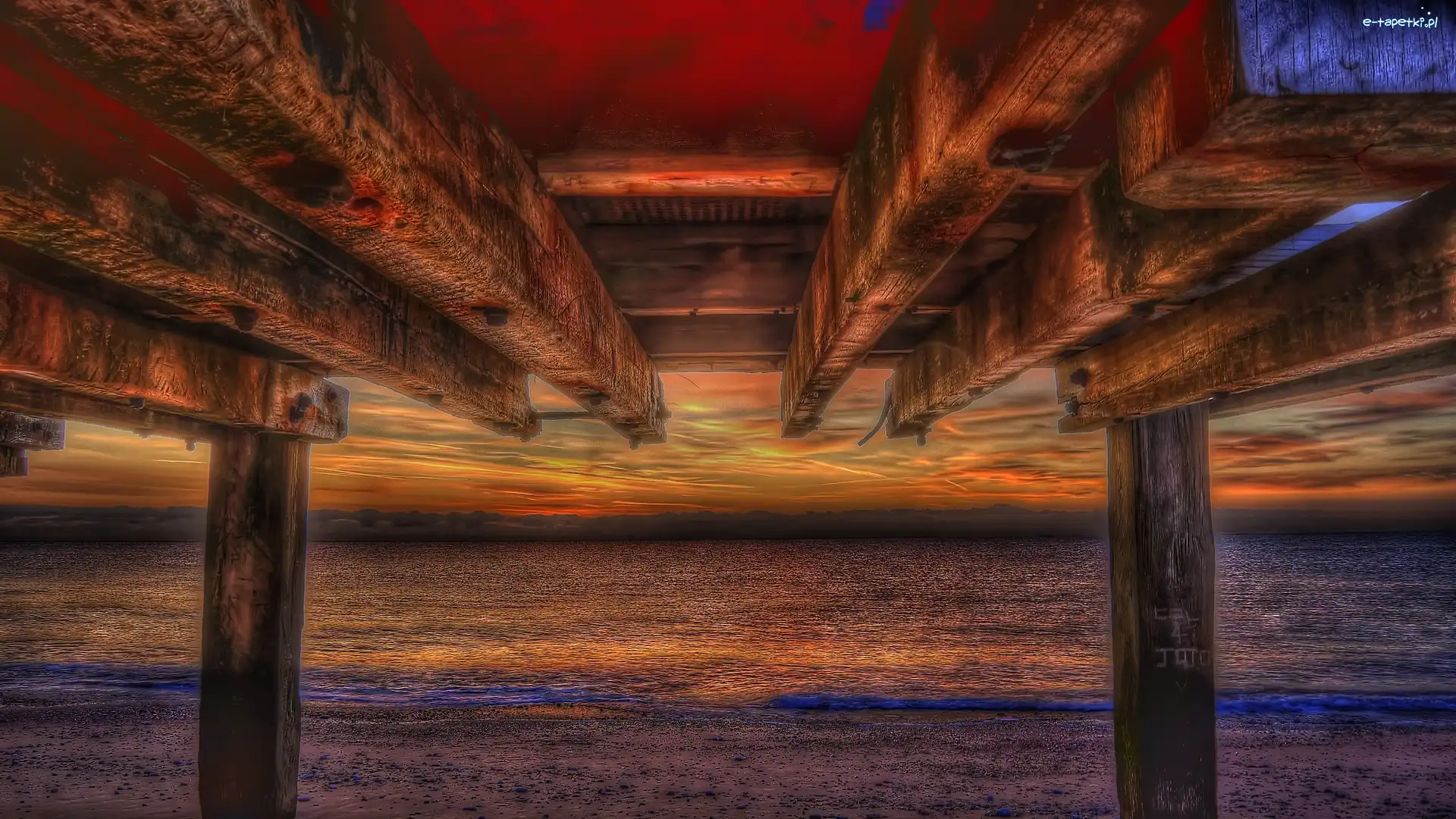 Morze, Zachód, Plaża, Most, Słońca