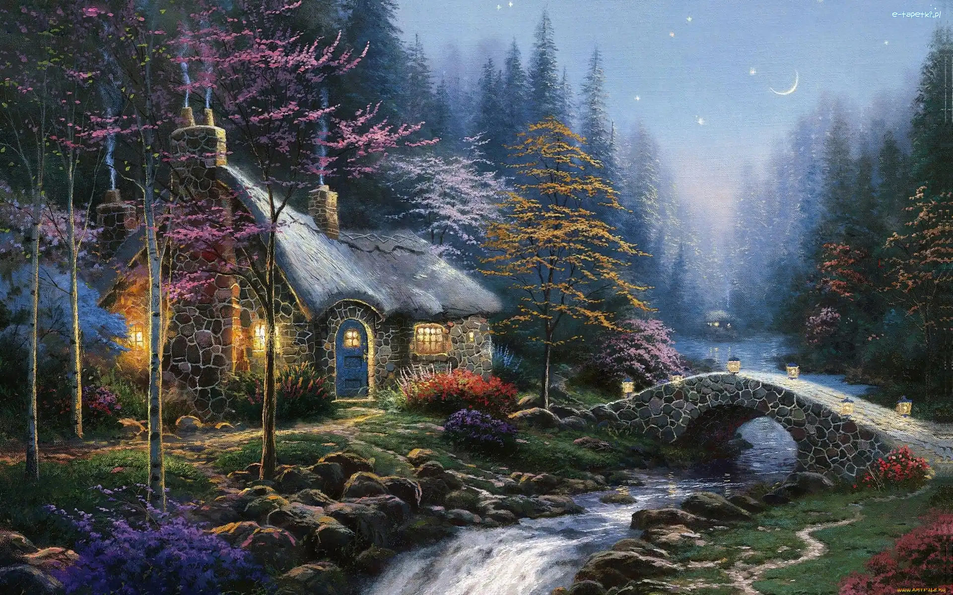 Mostek, Lasu, Kamienny, Thomas Kinkade, Skraj, Domek