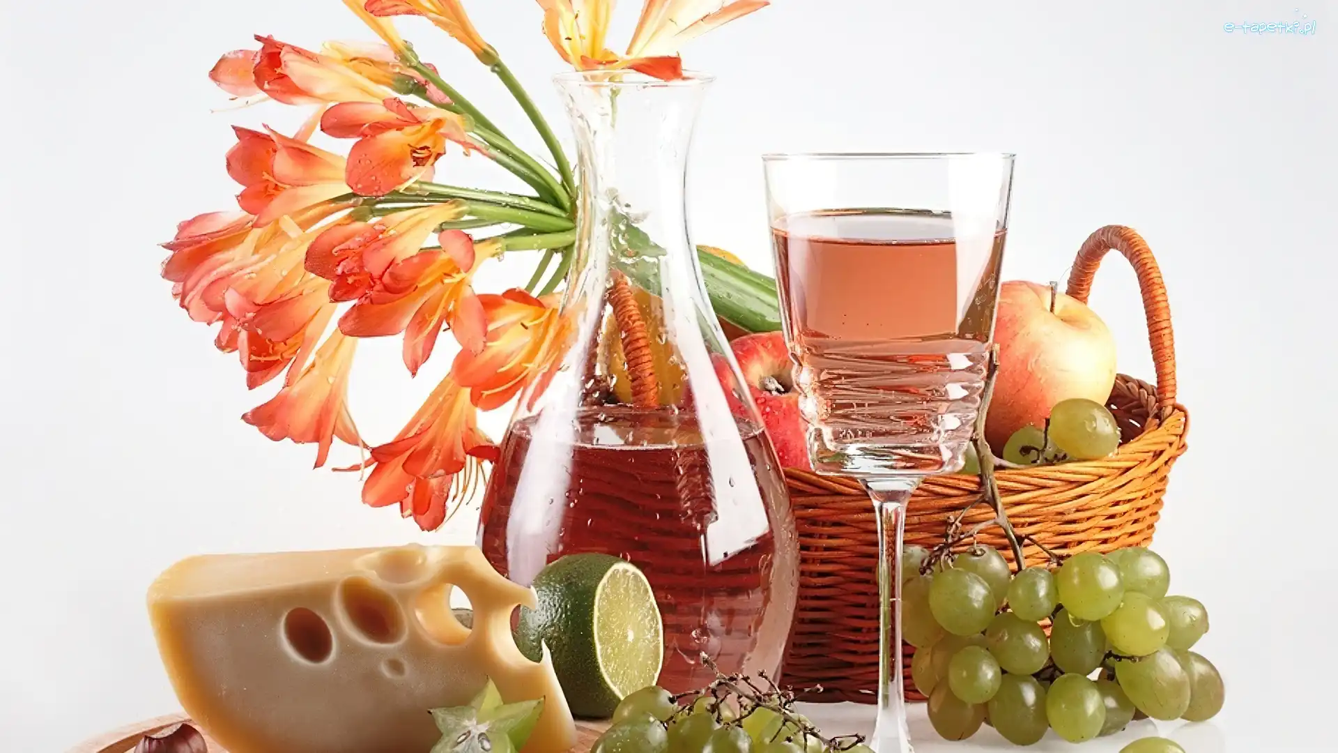 Wino, Wiklinowy, Kosz, Kwiaty, Pomarańczowe, Ser, Winogrona