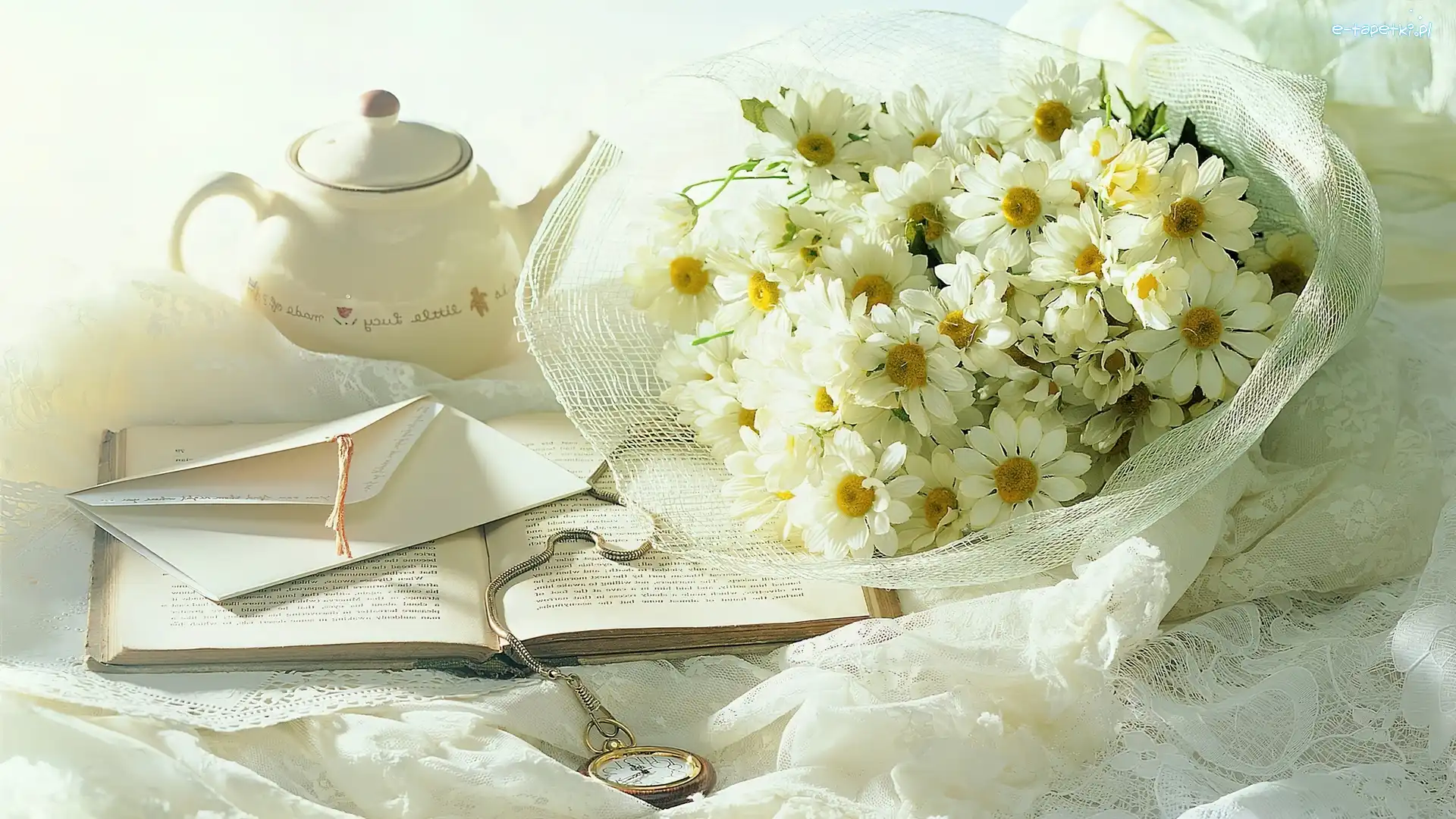 Notatnik, Biała, Porcelana, Długopis, Margerytki, Białe