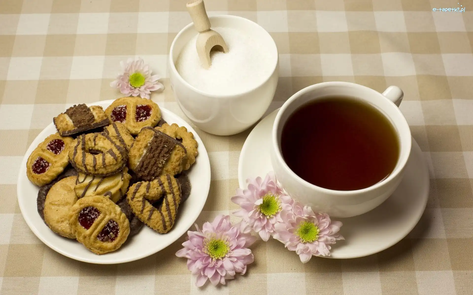 Ciastka, Kwiaty, Cukiernica, Herbata