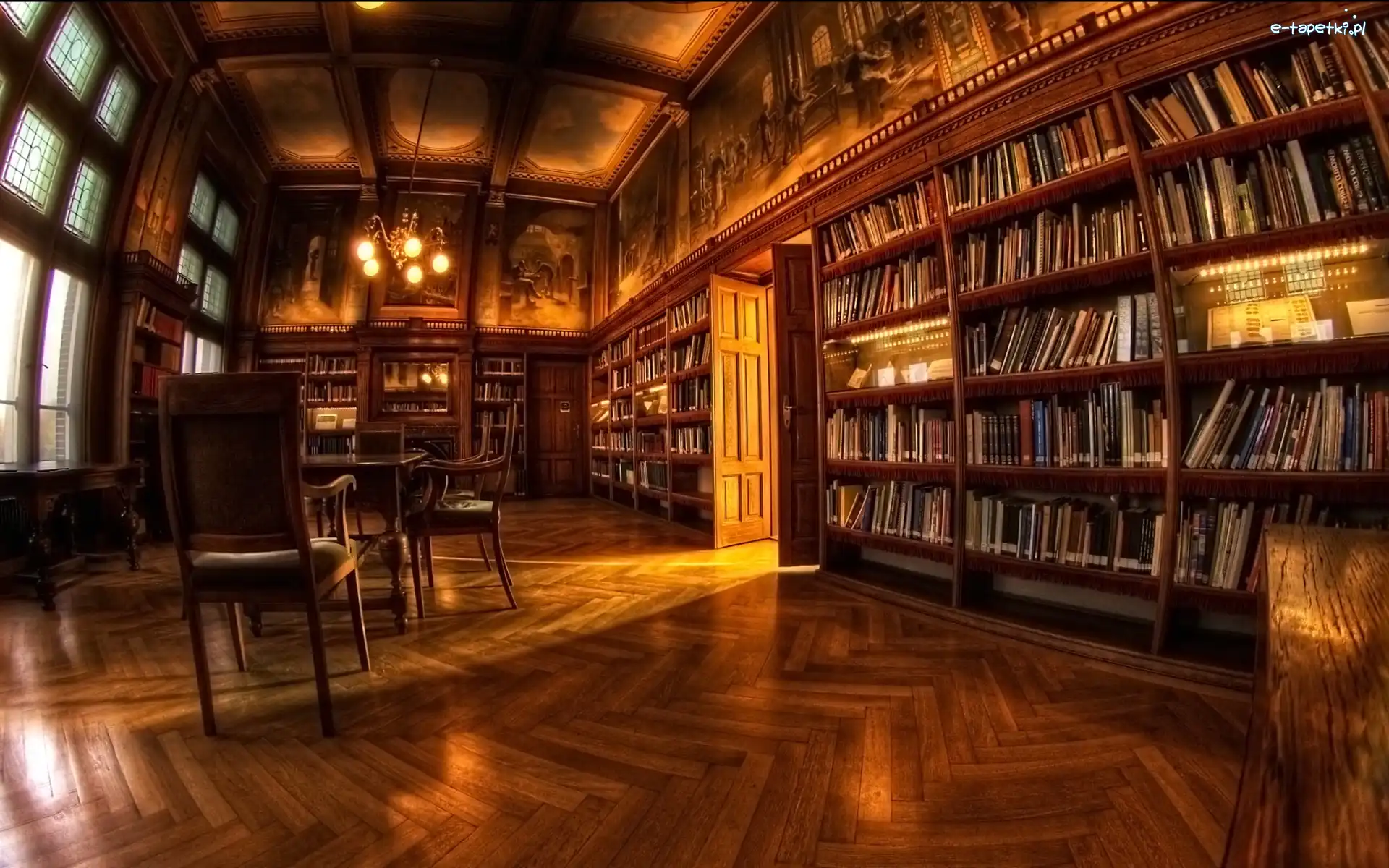 Biblioteka, Książki, Szafa, Stolik, Krzesła