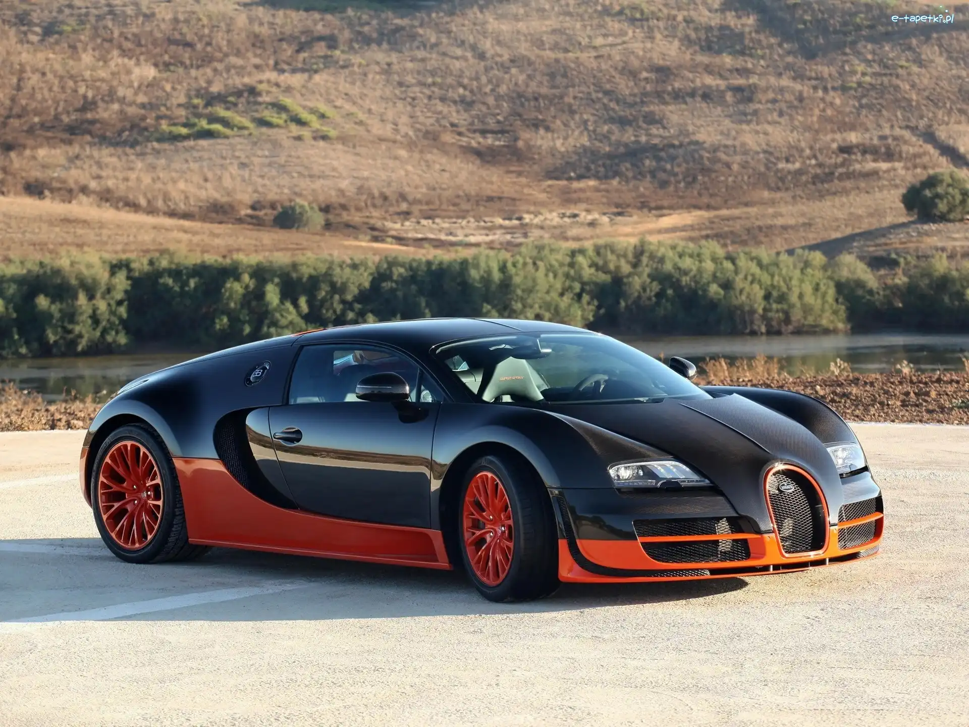 Rzeka, Zbocze, Drzewa, Bugatti Veyron Super Sport