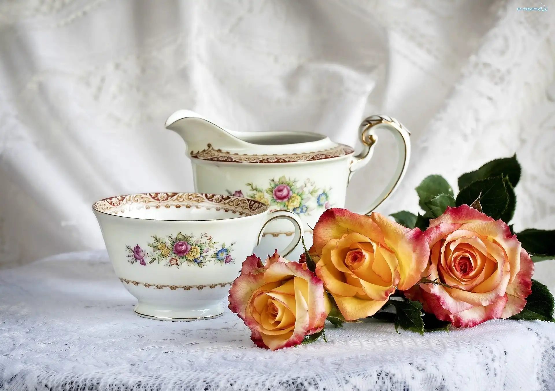 Porcelanowa, Dzbanek, Filiżanka, Róże