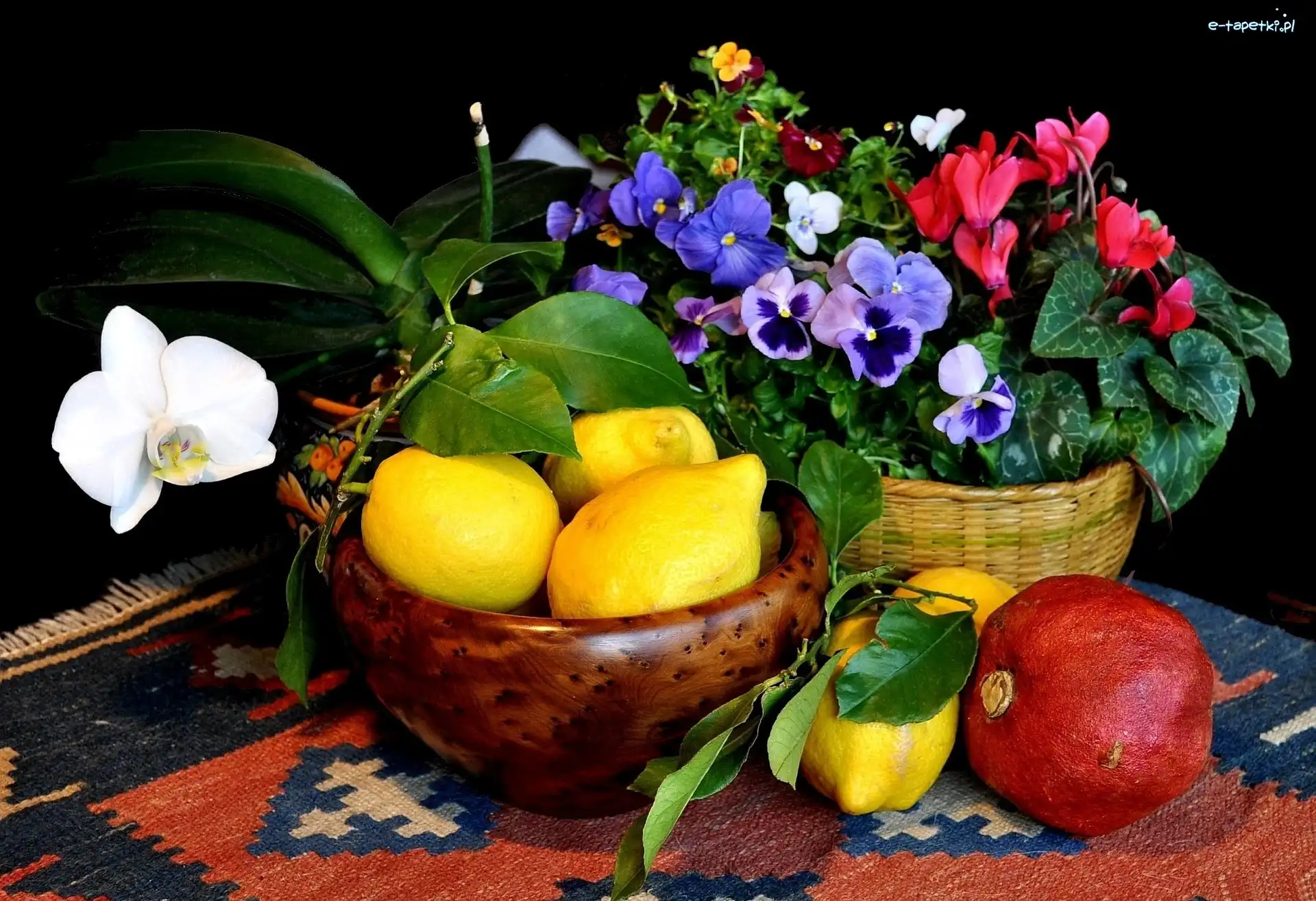 Owoce, Cytryny, Granat, Kompozycja, Kwiaty, Doniczka