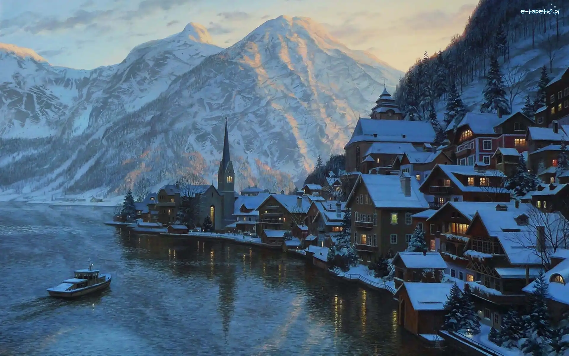 Austria, Hallstatt, Budynki, Alpy, Zima, Eugeny Lushpin, Obraz, Jezioro, Malarstwo