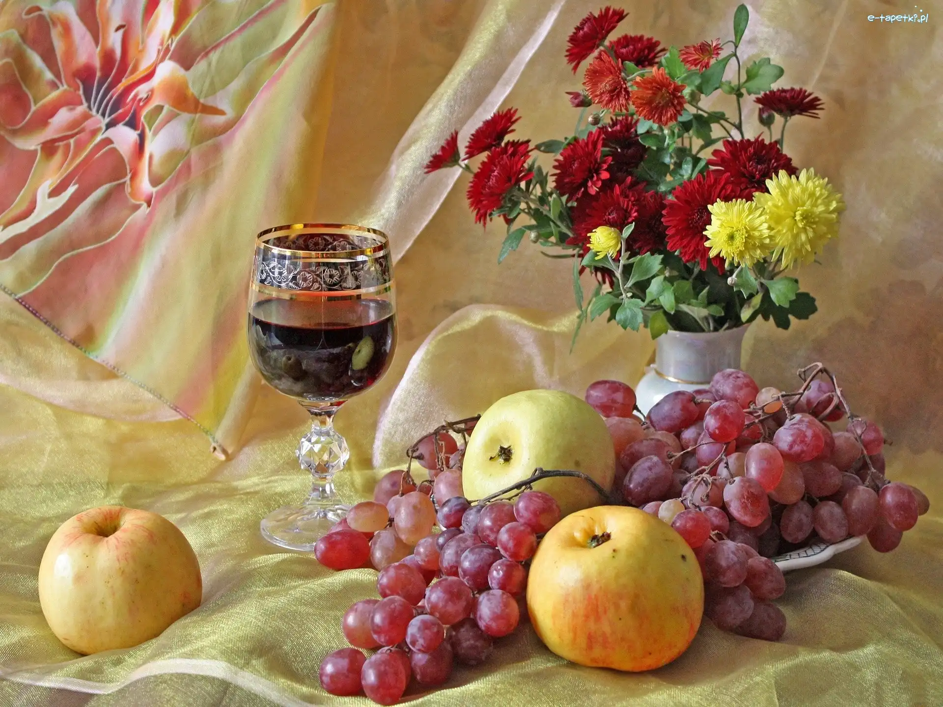 Wino, Jabłka, Kieliszek, Owoce, Winogrona, Chryzantemy