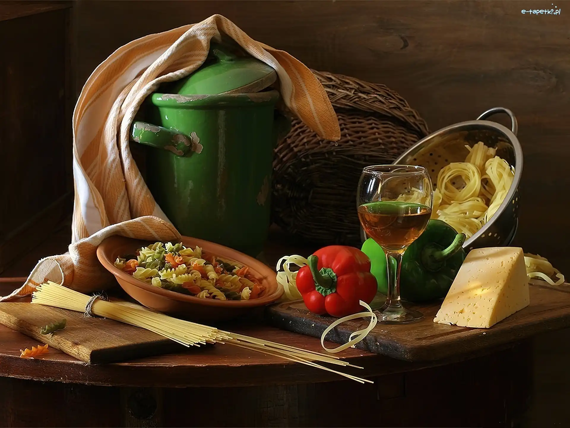 Garnek, Żółty, Ser, Papryka, Makarony, Stary, Wino