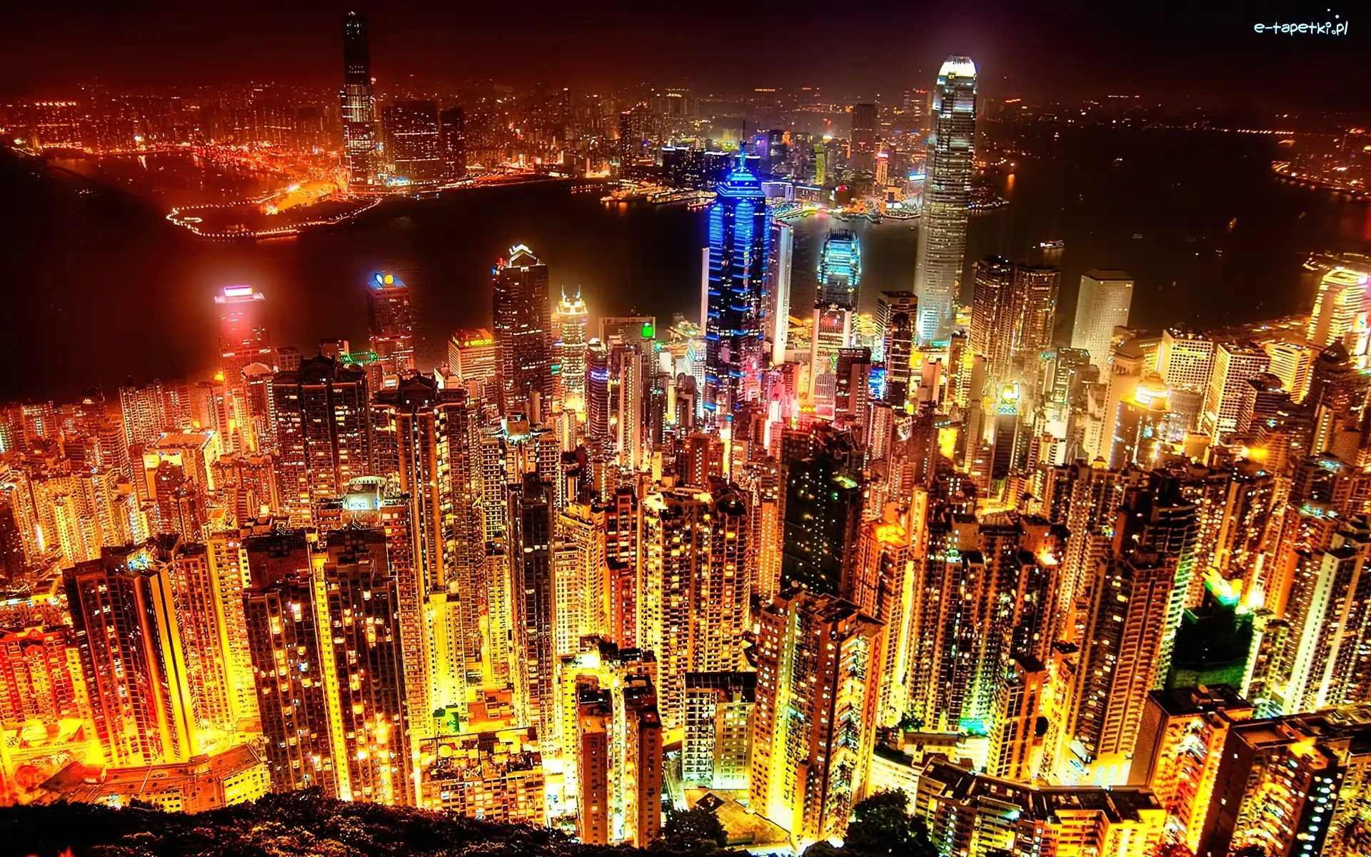 Noc, Wieżowce, Światła, Hong Kong
