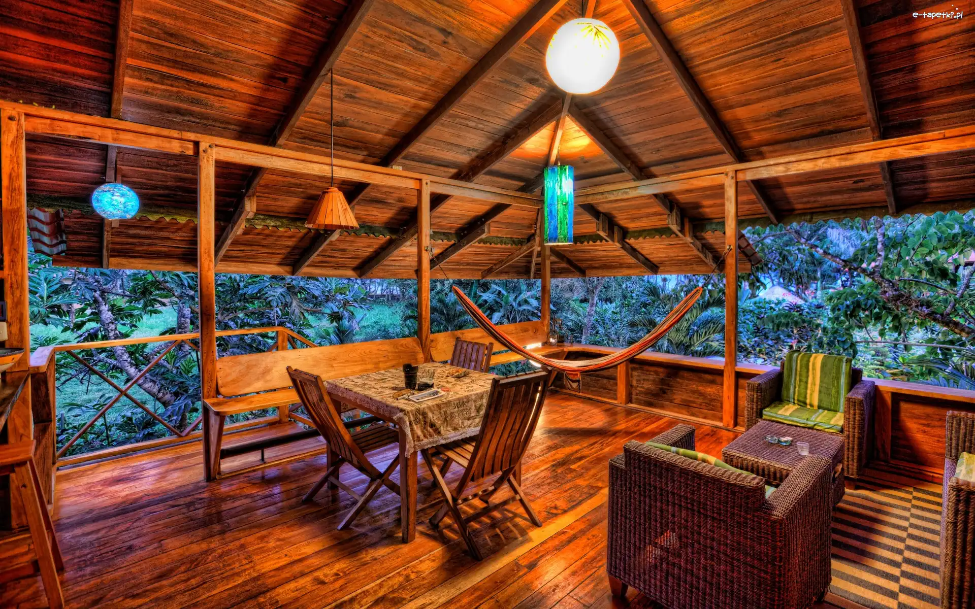 Patio, Lampy, Stolik, Drewno, Fotel