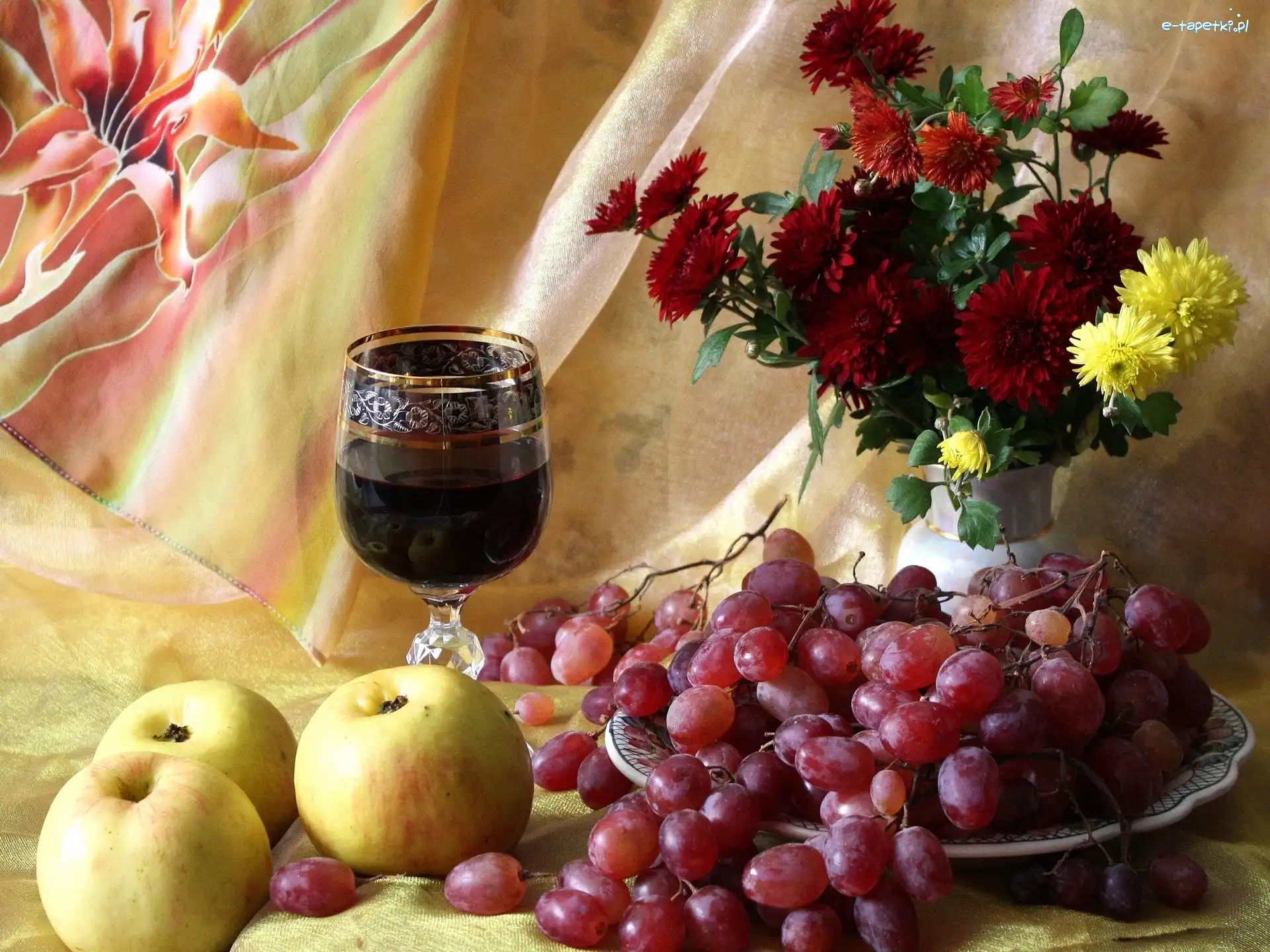 Bukiet, Winogrona, Chryzantem, Wino, Jabłka