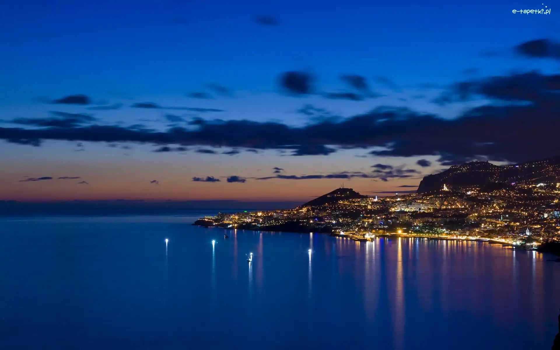 Funchal, Morze, Zatoka, Noc, Miasto