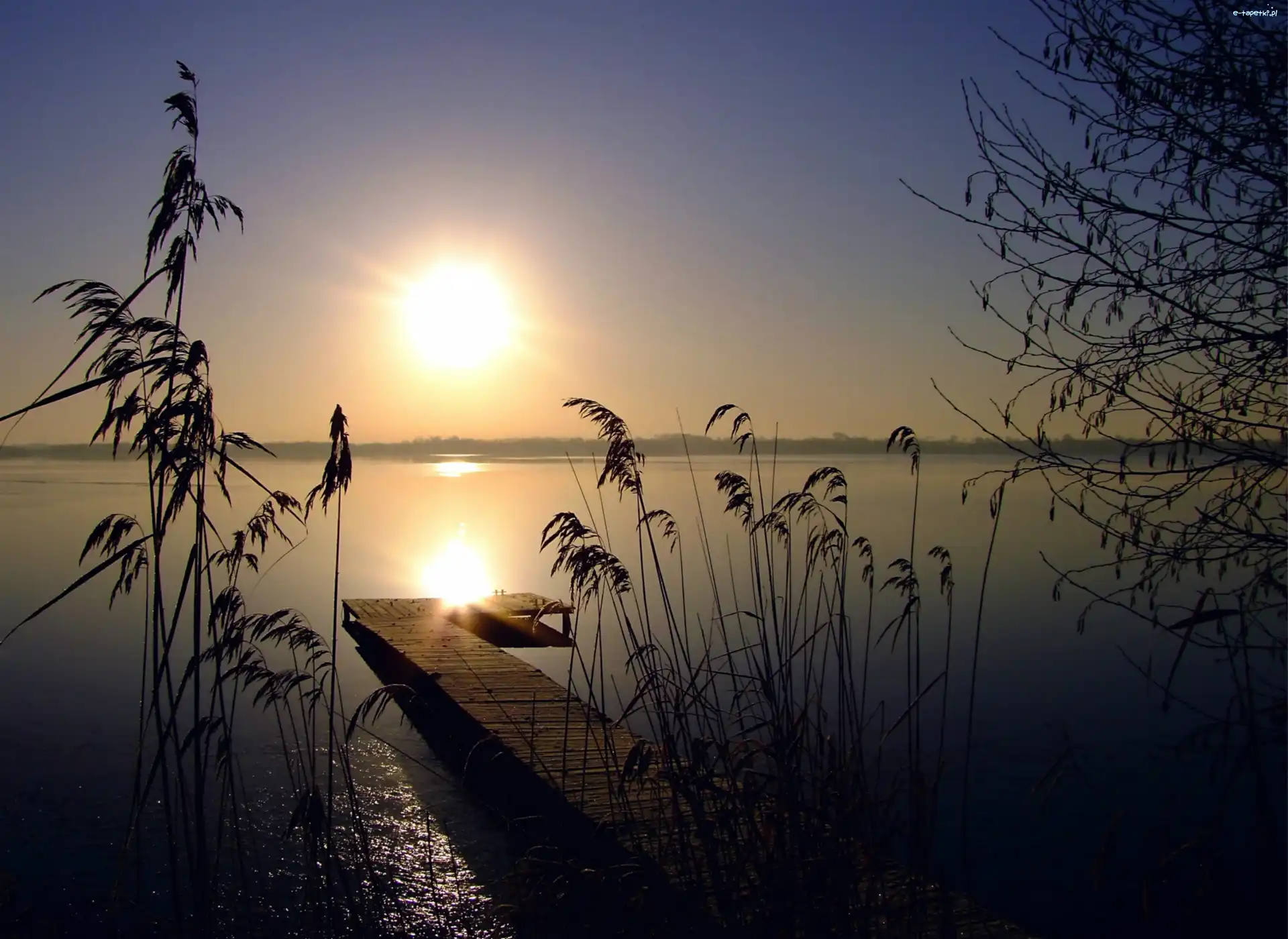 Jezioro, Słońca, Zachód, Pomost, Trawa