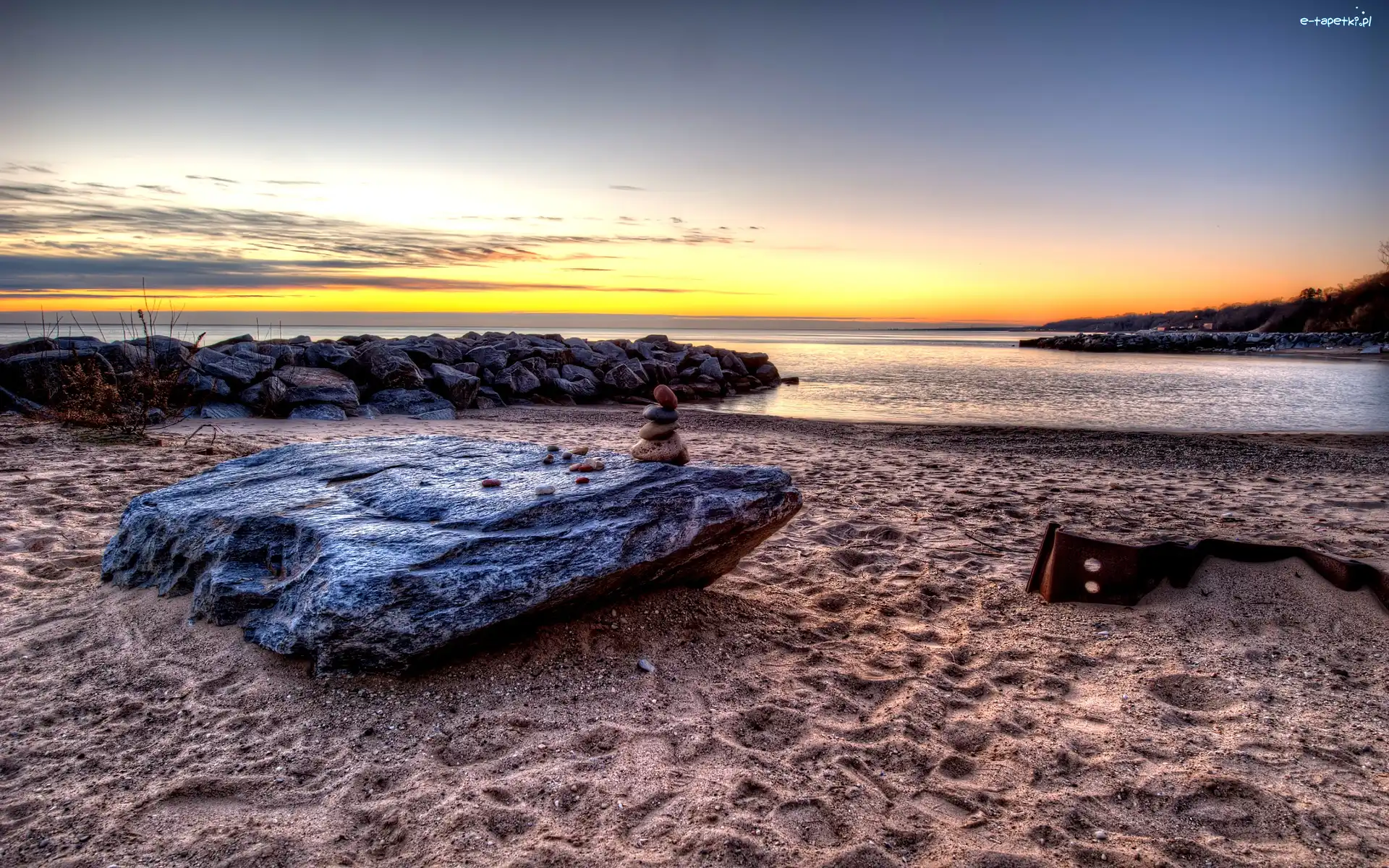 Zachód, Morze, Słońca, Kamień, Plaża