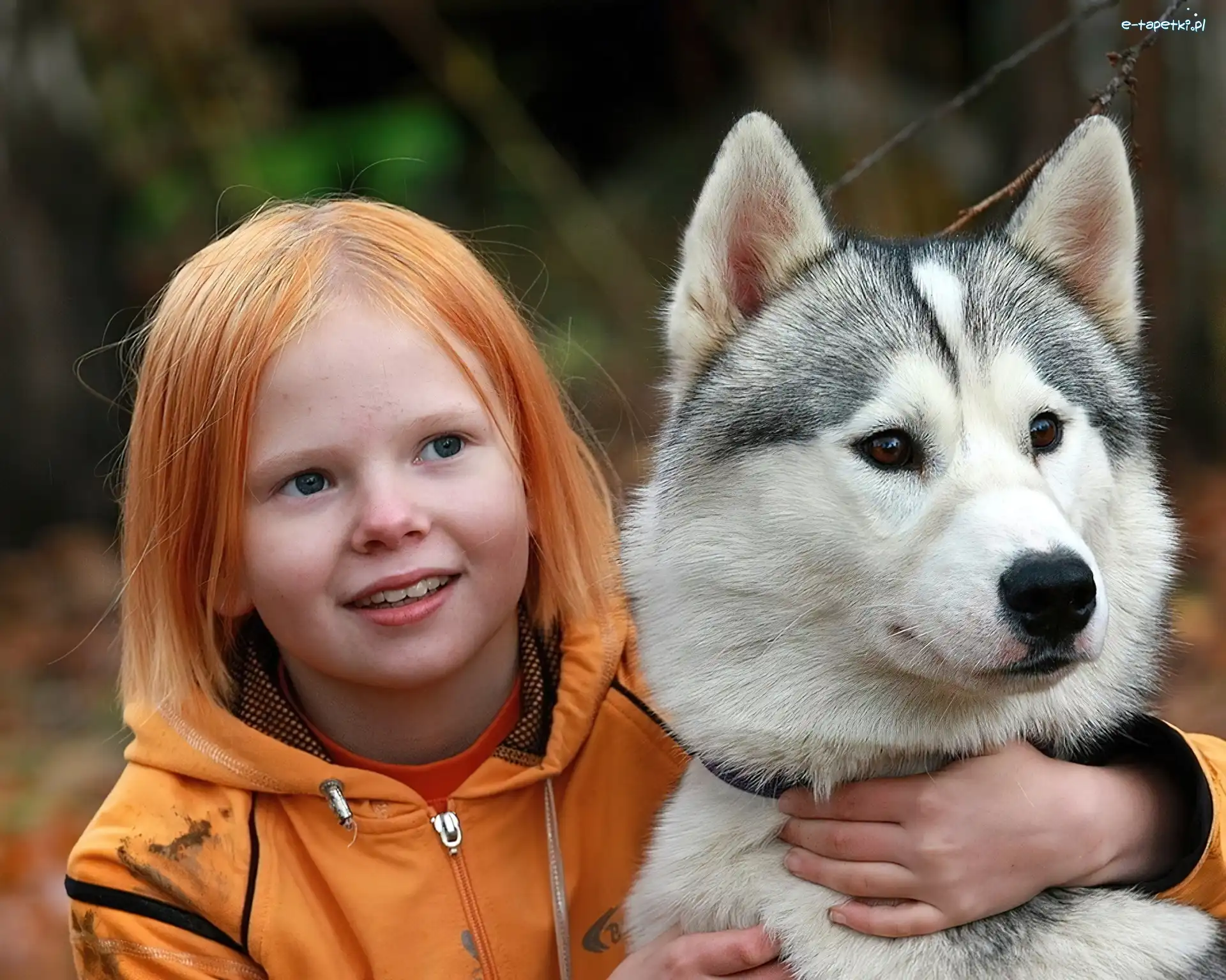 Dziewczynka, Włosy, Rude, Husky, Pies