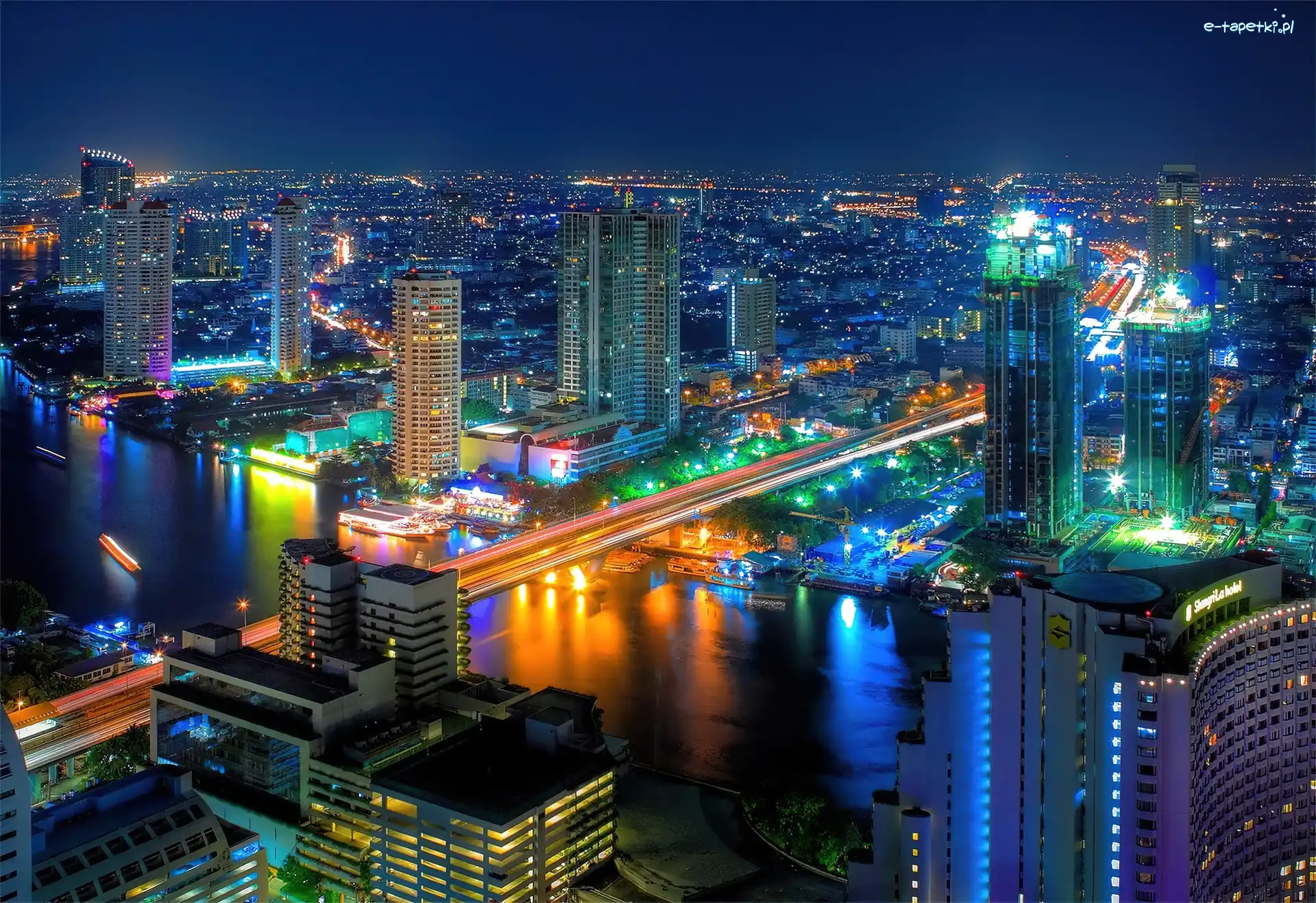 Bangkok, Nocą, Miasto, Most, Rzeka