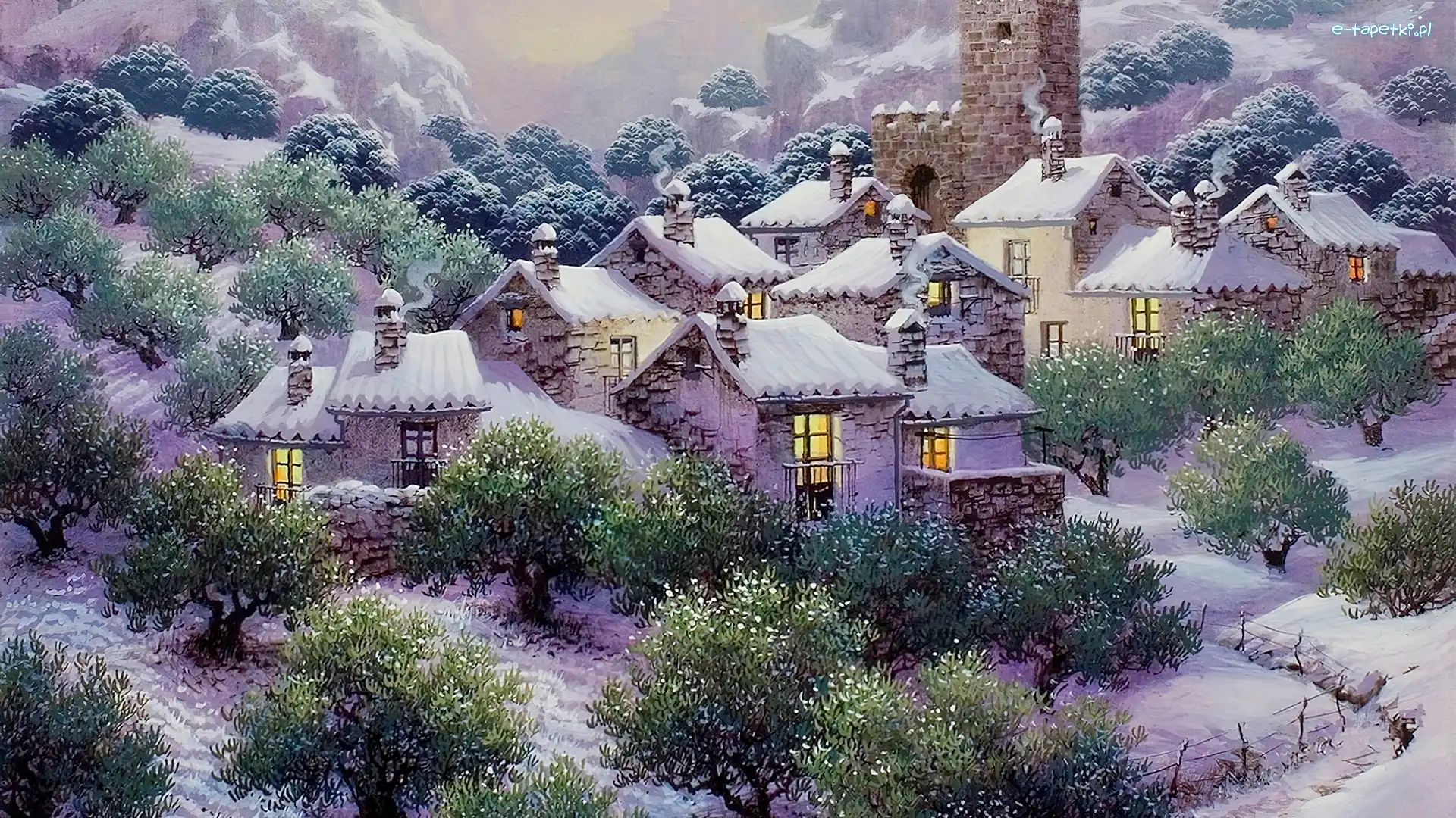 Budynki, Drzewa, Zima