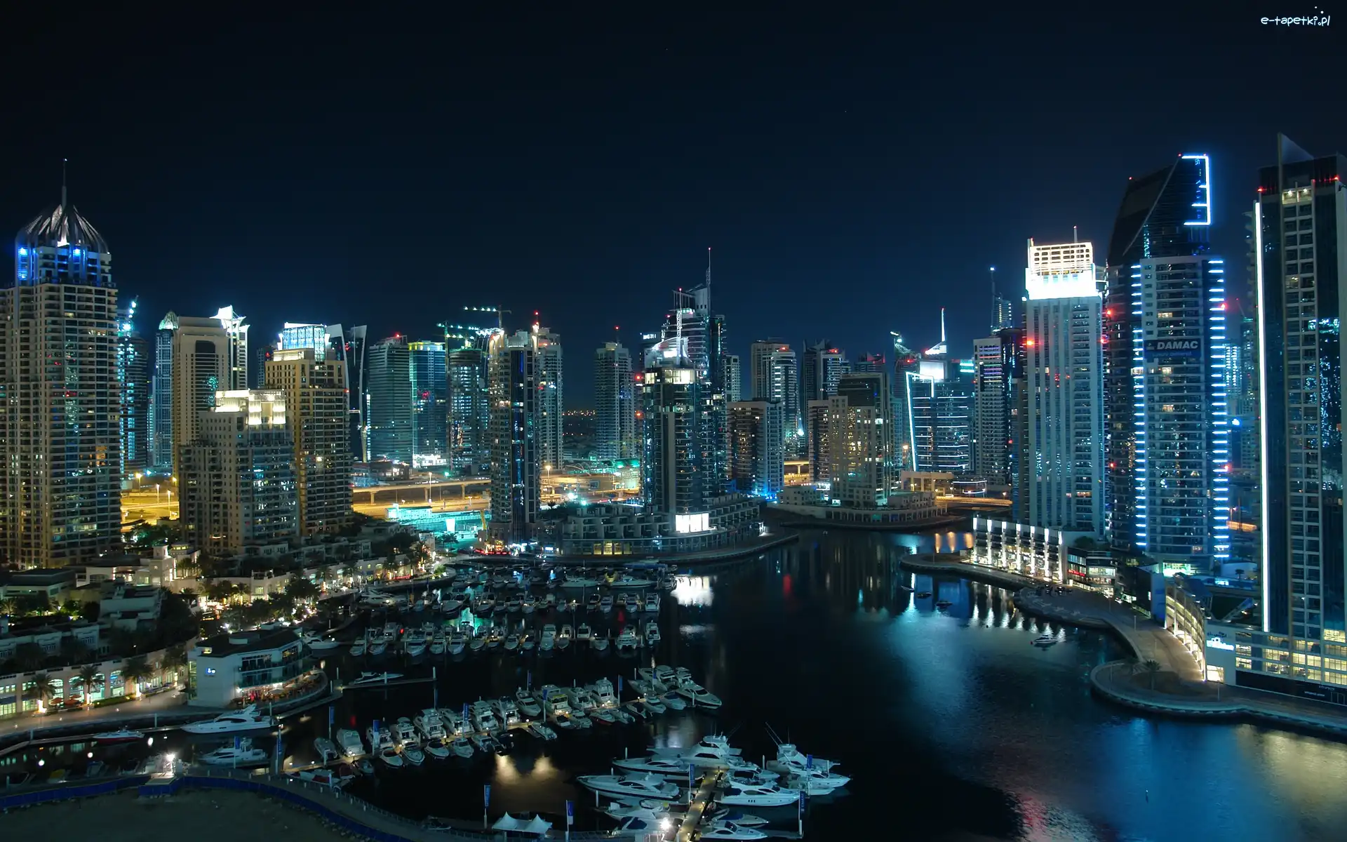 Miasto, Port, Nocą, Dubaj, Jachty