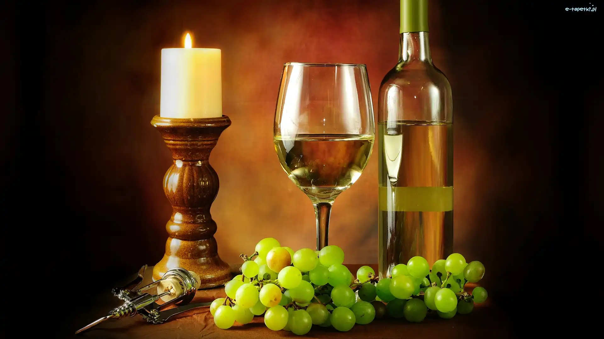 Kieliszek, Winogrona, Wino, Butelka, Świeca, Kompozycja