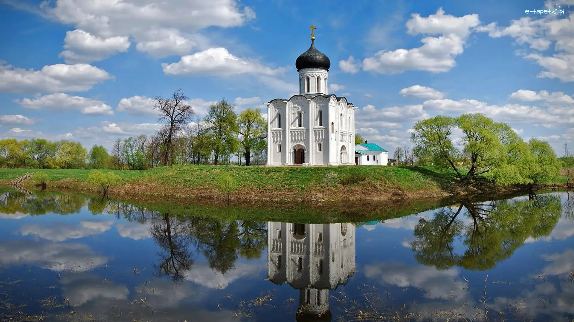 Woda, Drzewa, Chmury, Cerkiew