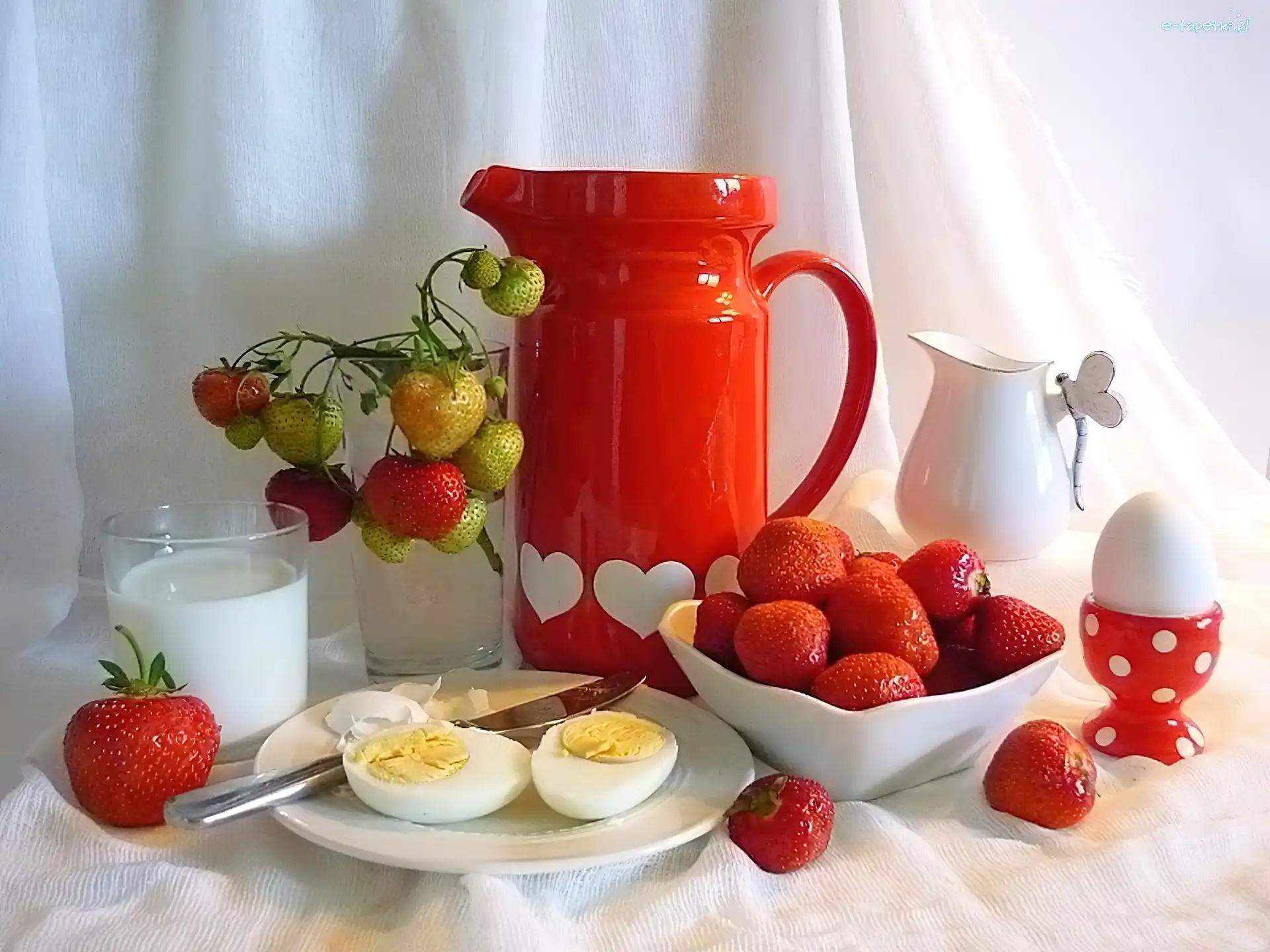 Kolorowa, Truskawki, Porcelana, Śniadanie, Jajka