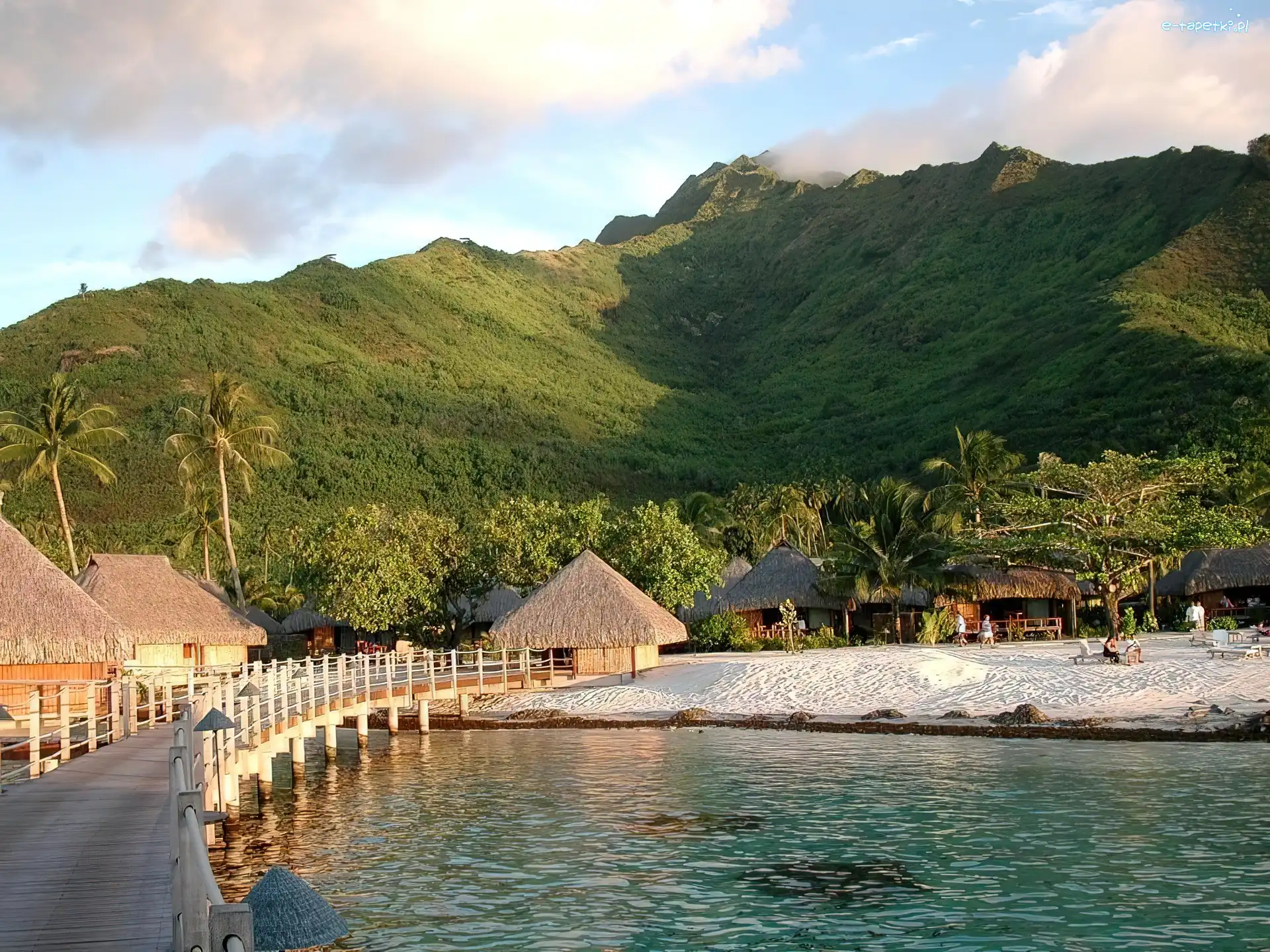 Domki, Woda, Mostek, Góry, Moorea, Wyspa