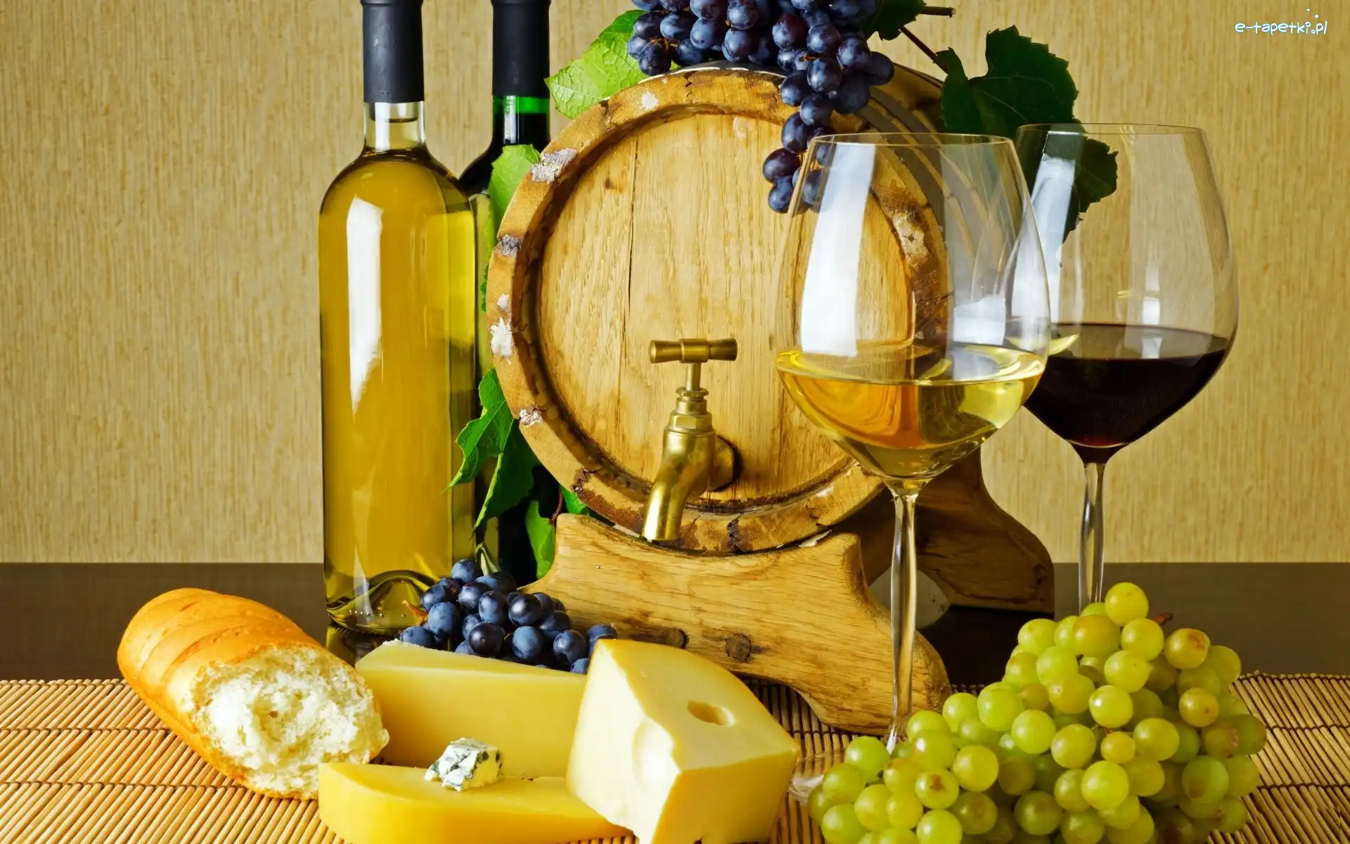 Baryłka, Kieliszki, Butelki, Winogrona, Wino