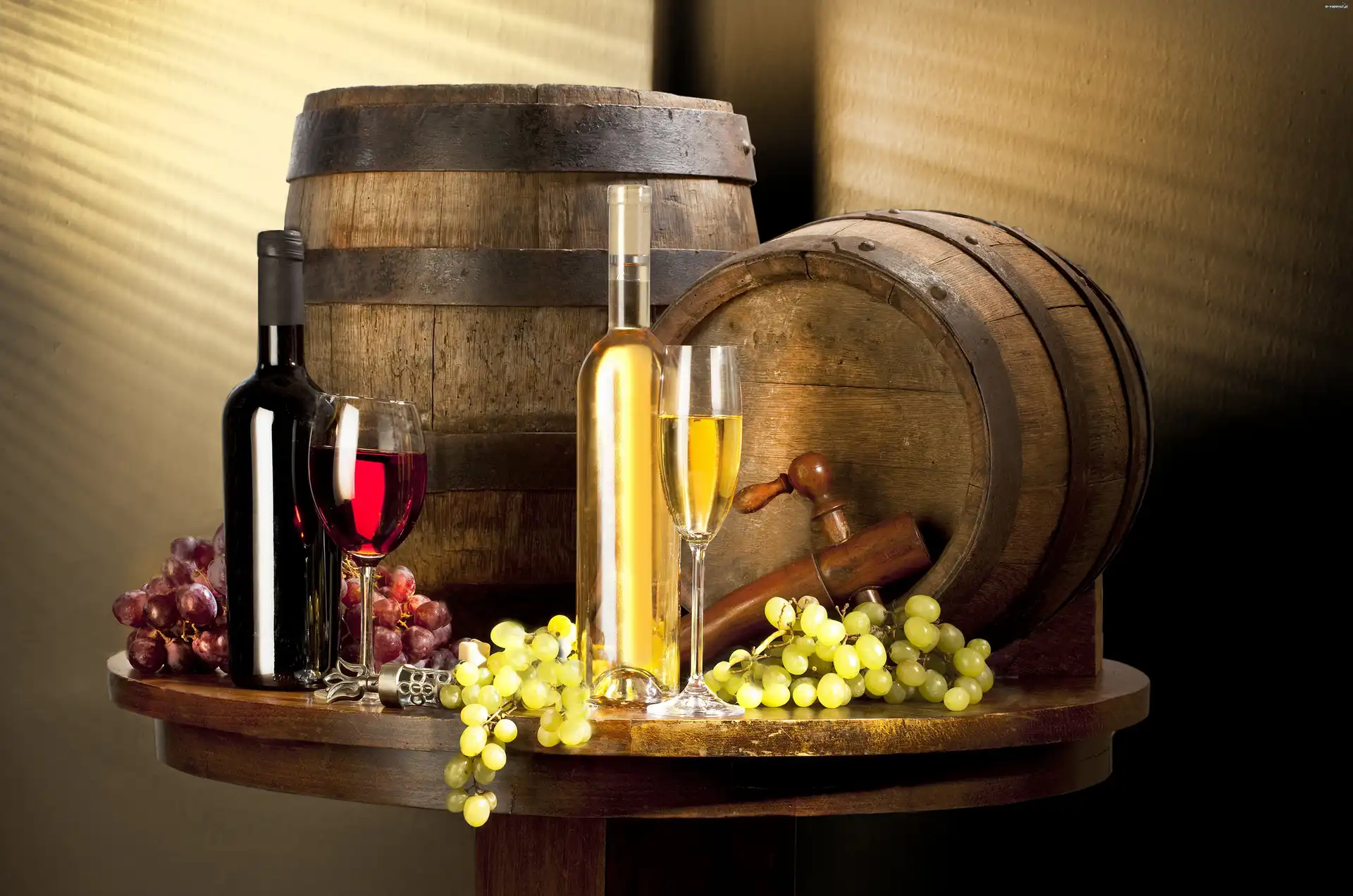 Butelki, Winogrona, Wino, Baryłki