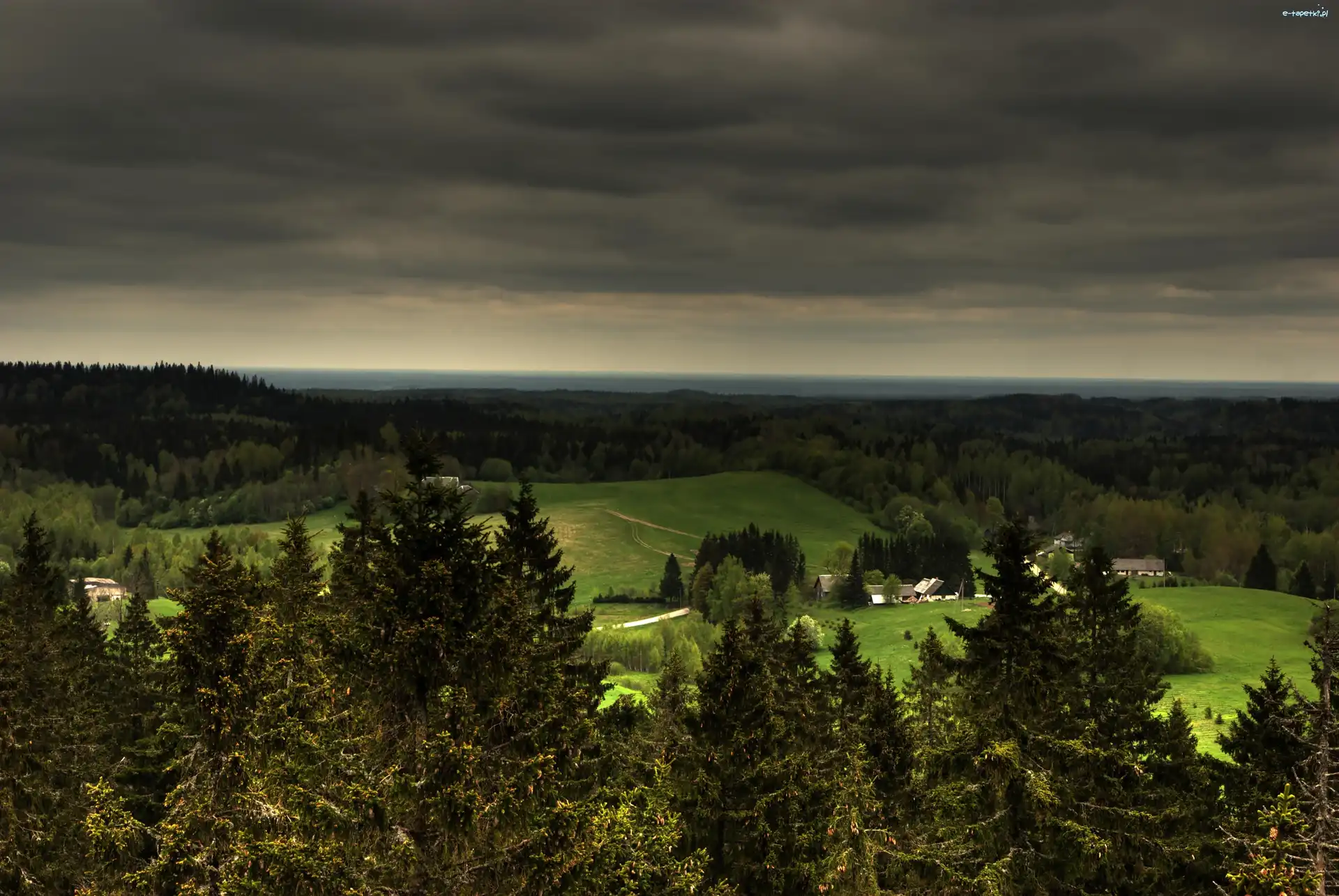 Panorama, Łąka, Las, Chmury, Wieś