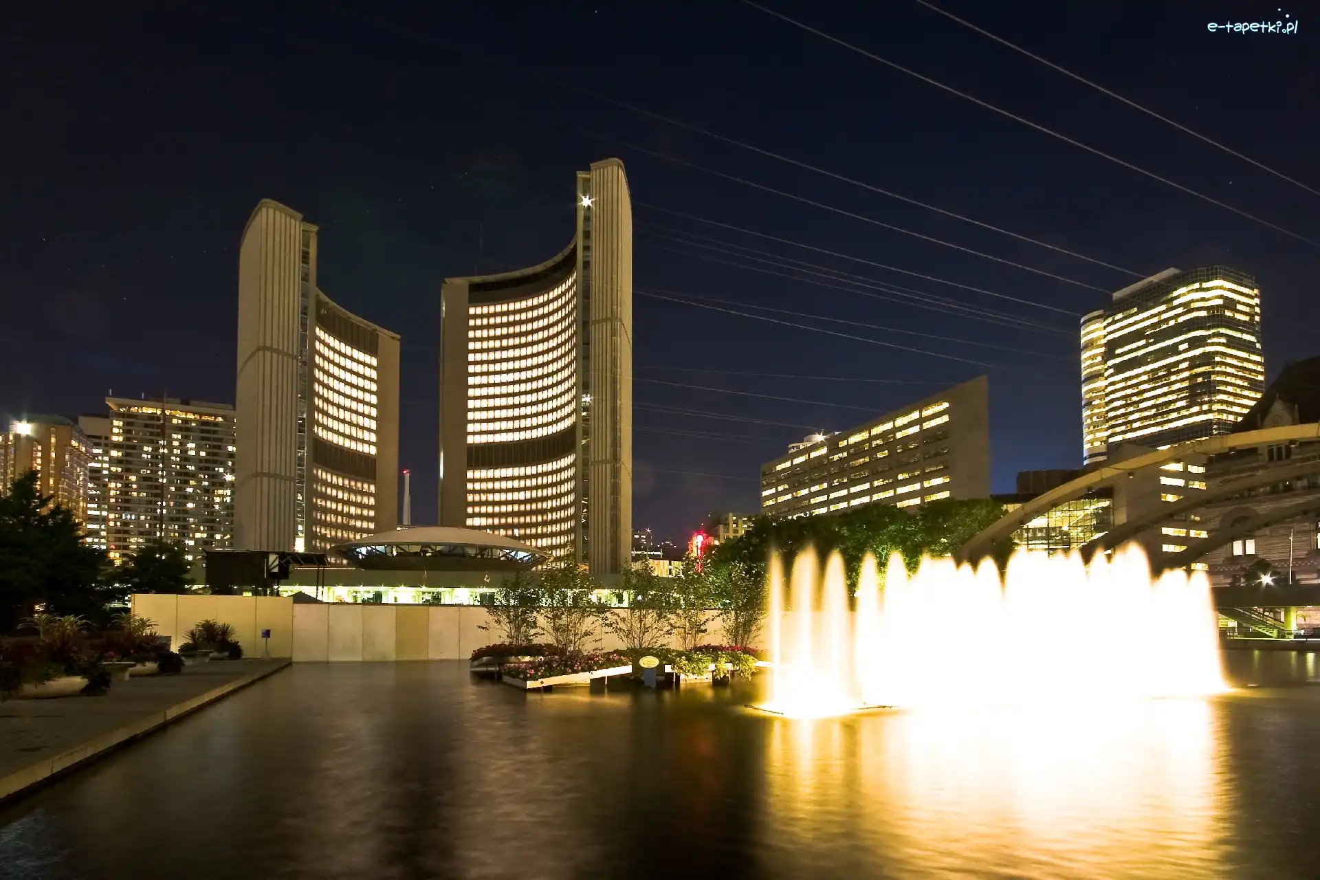 Toronto, Fontanna, Woda, Noc, Architektura