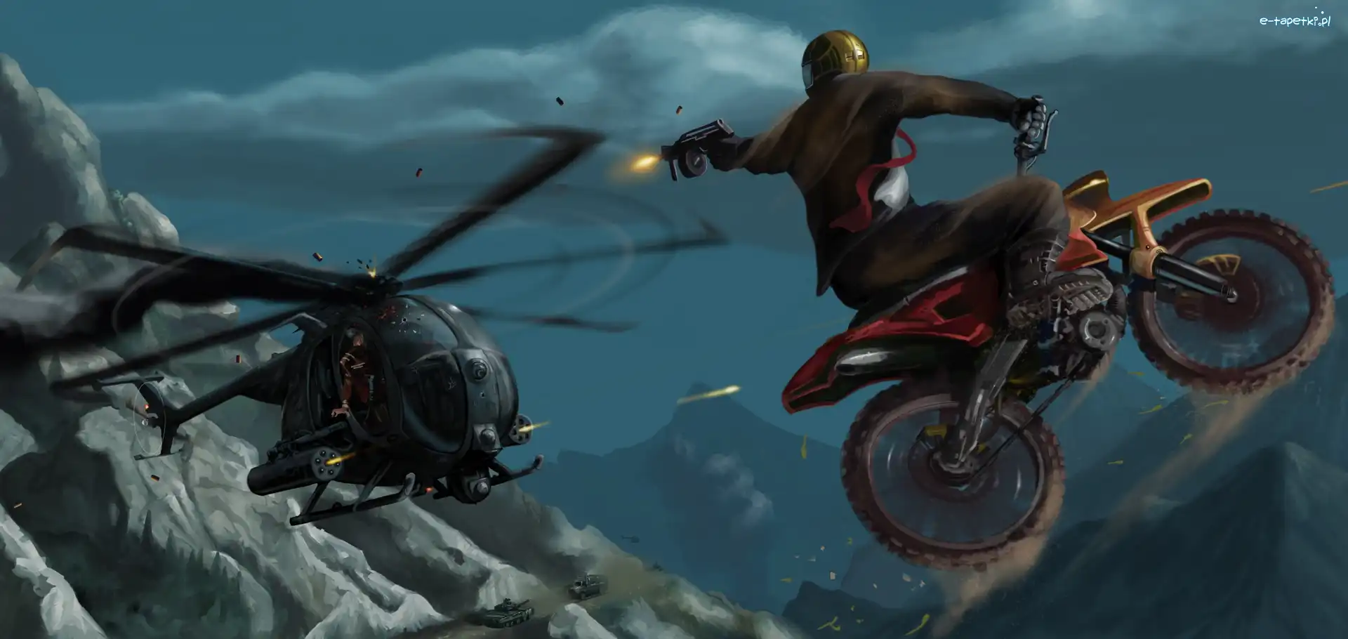 Helikopter, Ostrzał, Motocykl, Wojownicy
