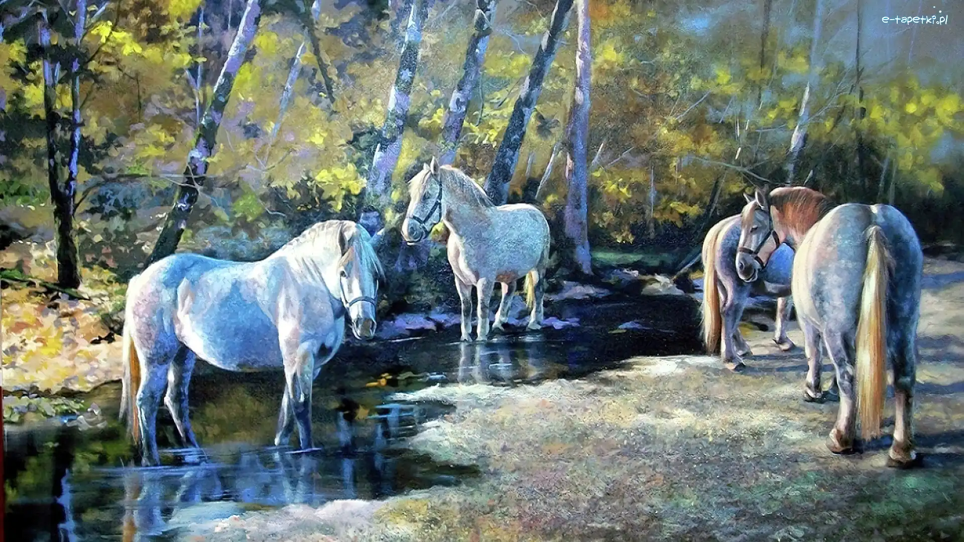 Rzeka, Obraz, Las, Konie
