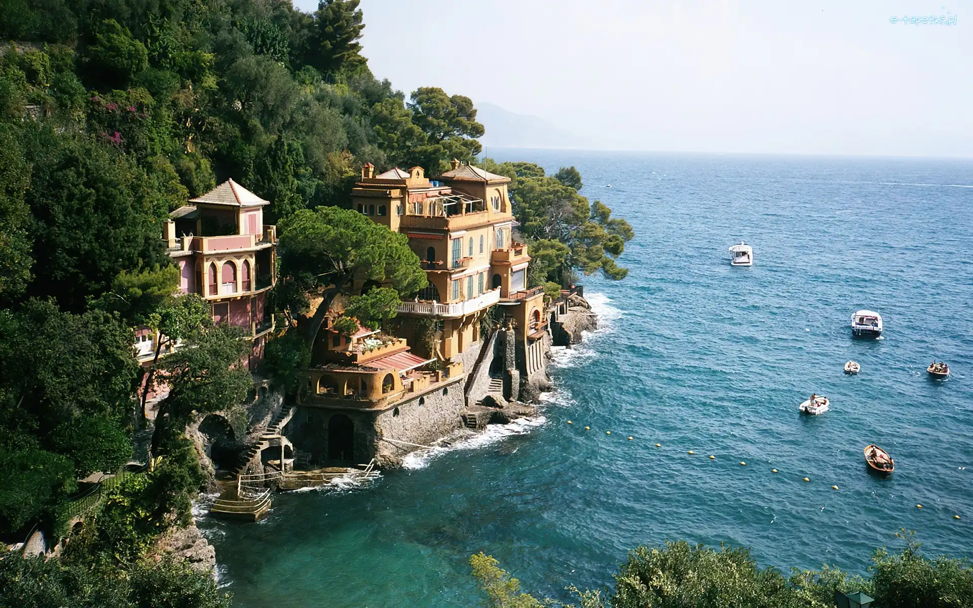 Włochy, Skały, Drzewa, Domy, Wybrzeże, Portofino, Łódki