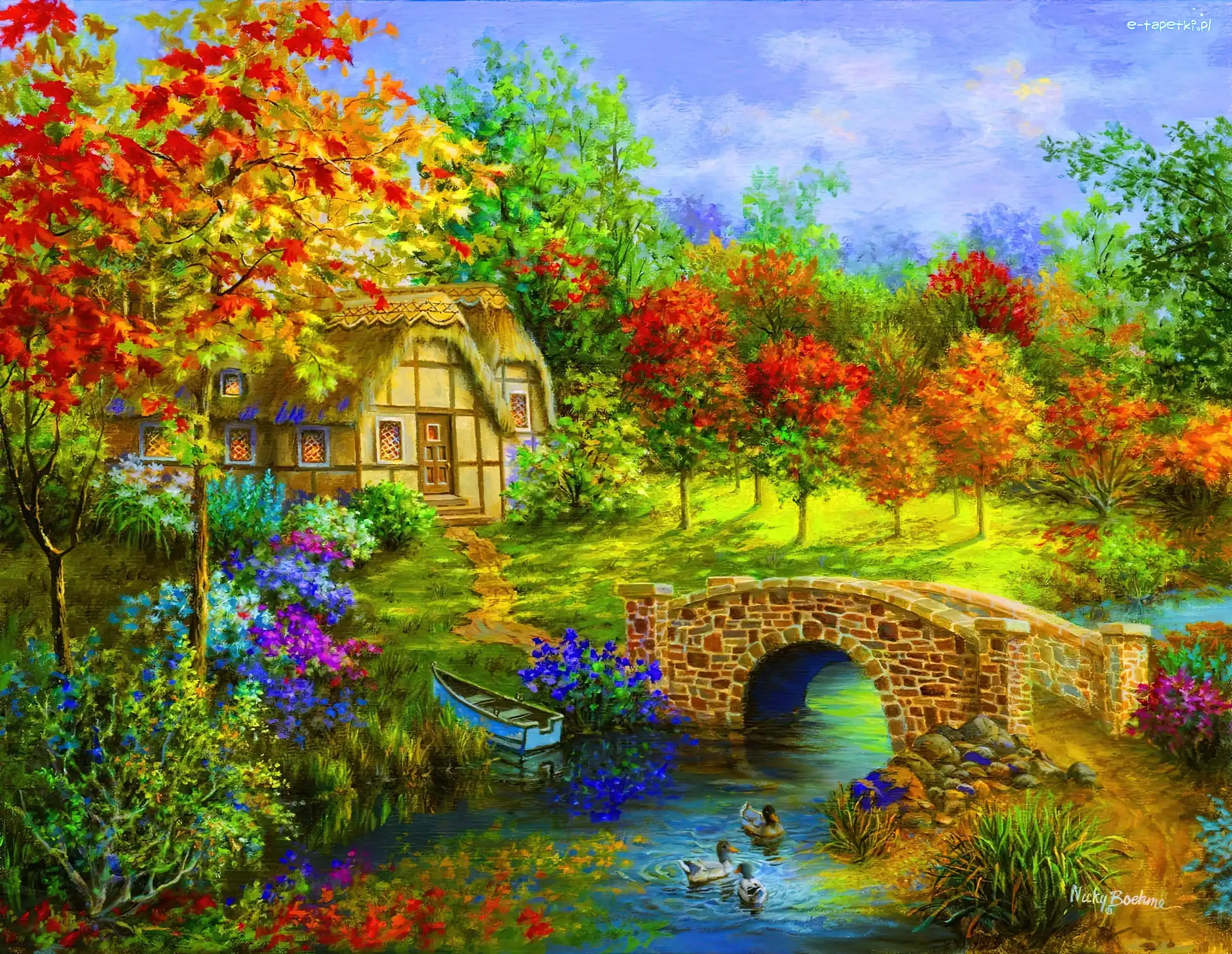 Malarstwo, Widoczek, Jesień, Nicky Boehme, Most, Domek