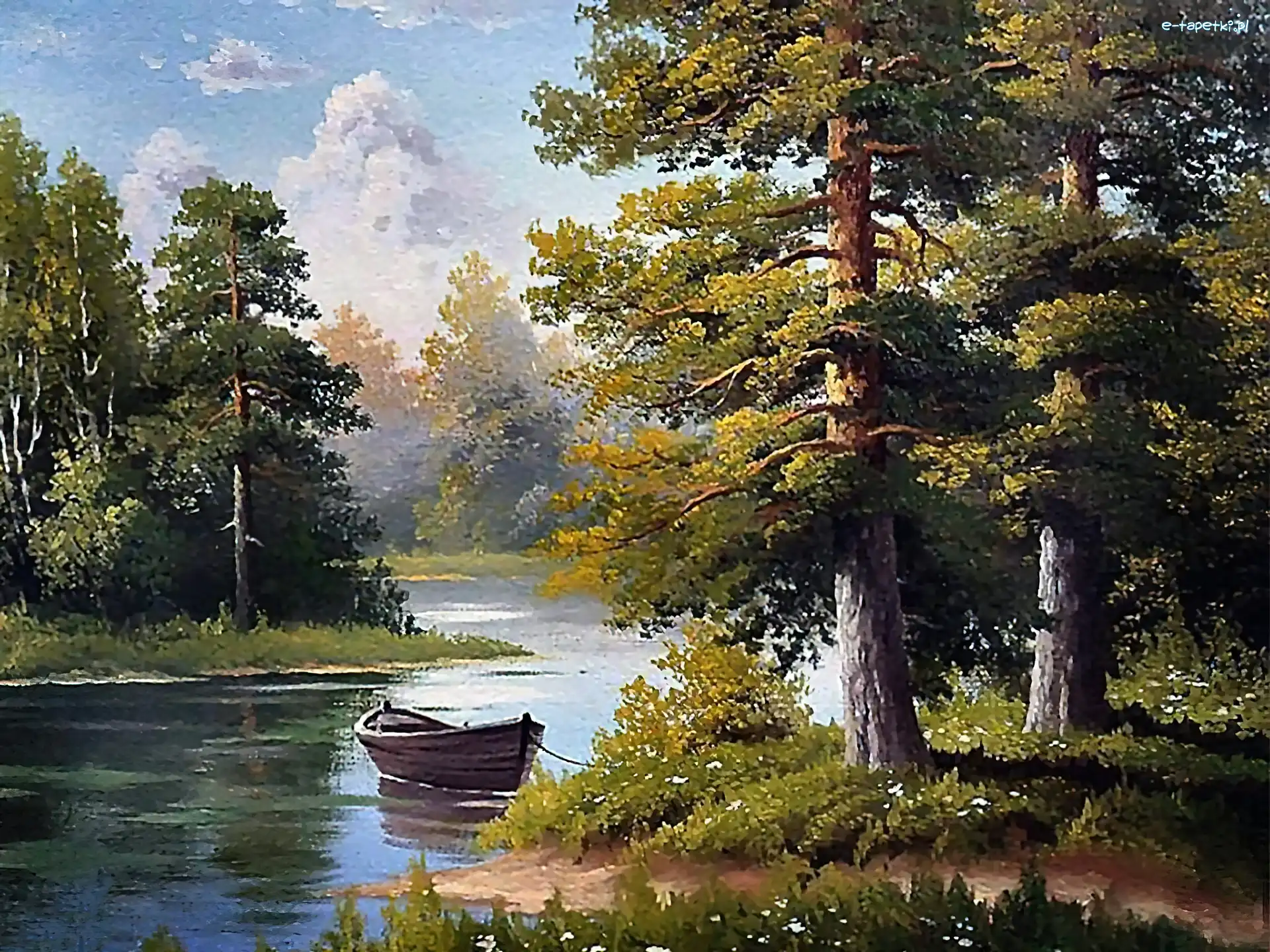 Las, Malarstwo, Łódka, Jezioro