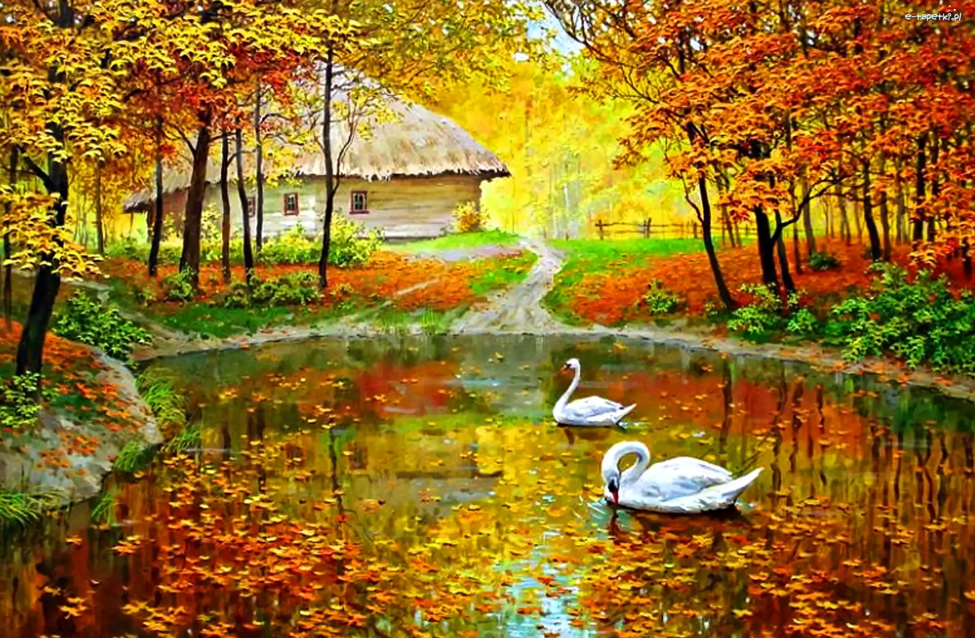 Staw, Domek, Łabędzie, Malarstwo, Jesień