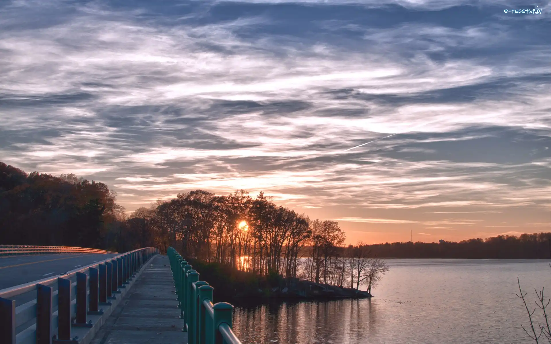 Jezioro, Drzewa, Zachód Słońca, Most