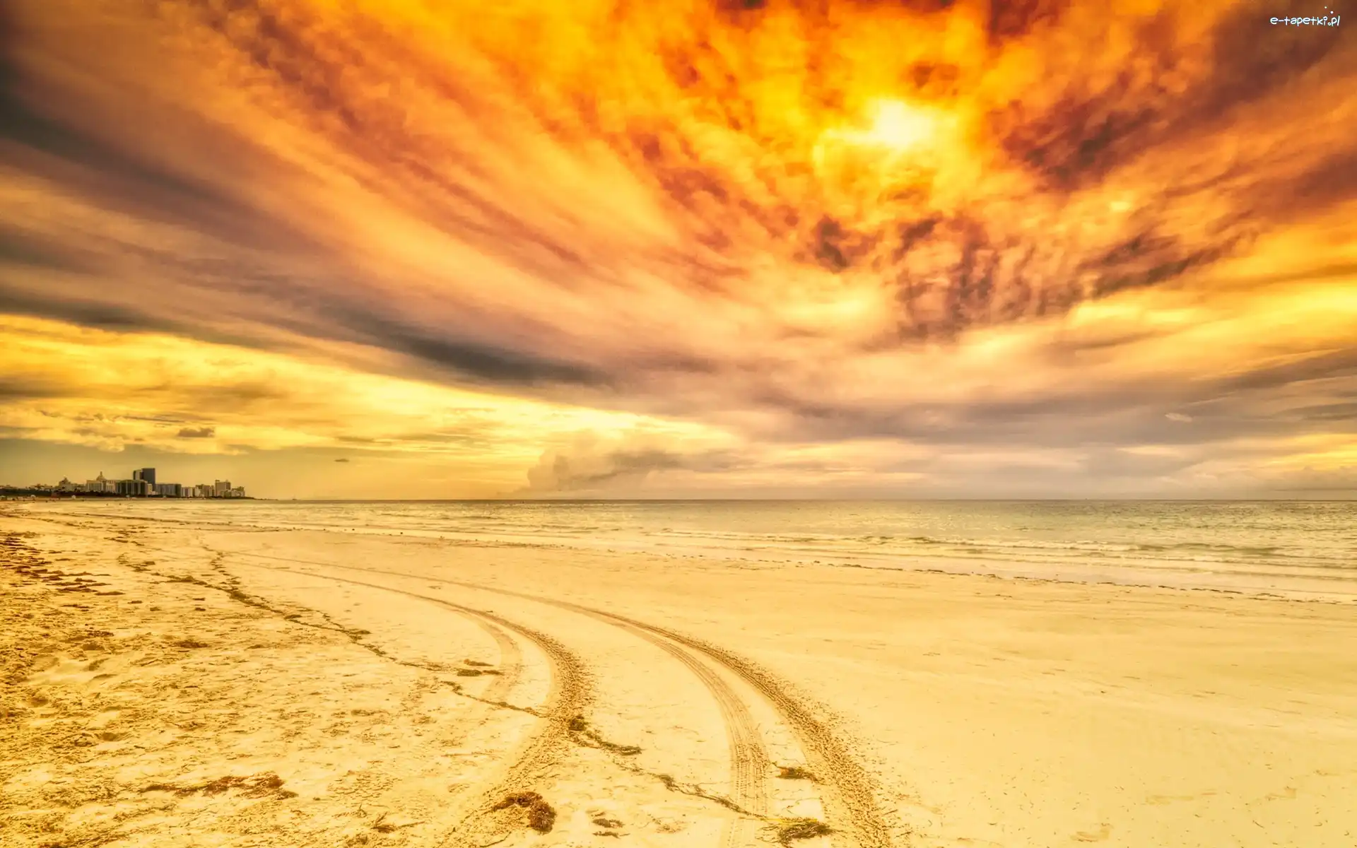 Ślady, Plaża, Morze, Kół, Słońca, Zachód