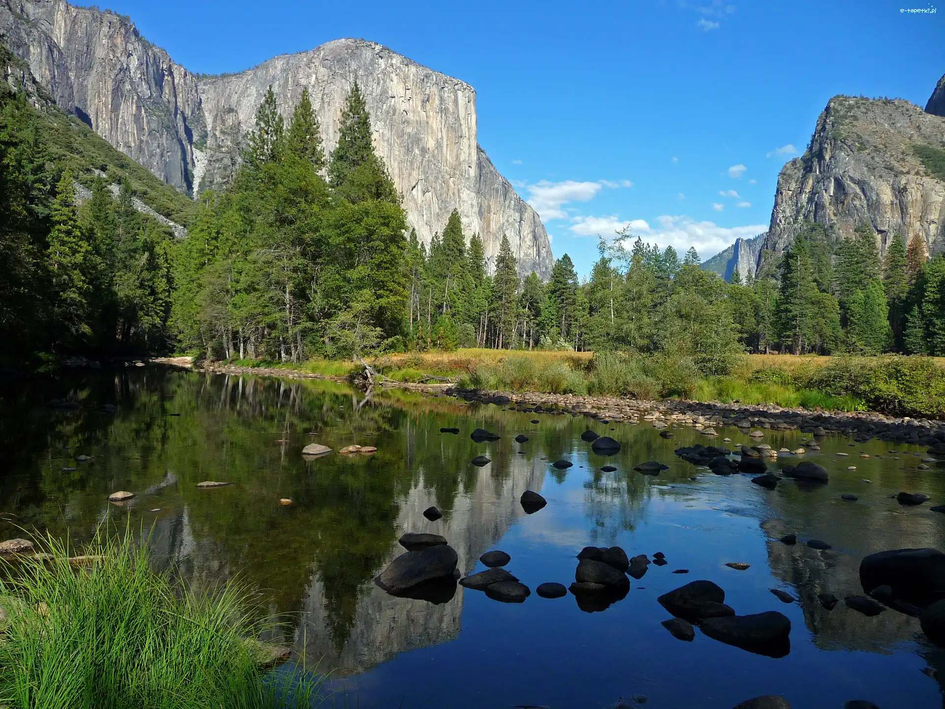 Góry, Park Narodowy Yosemite, Rzeka, Drzewa, Stan Kalifornia, Stany Zjednoczone
