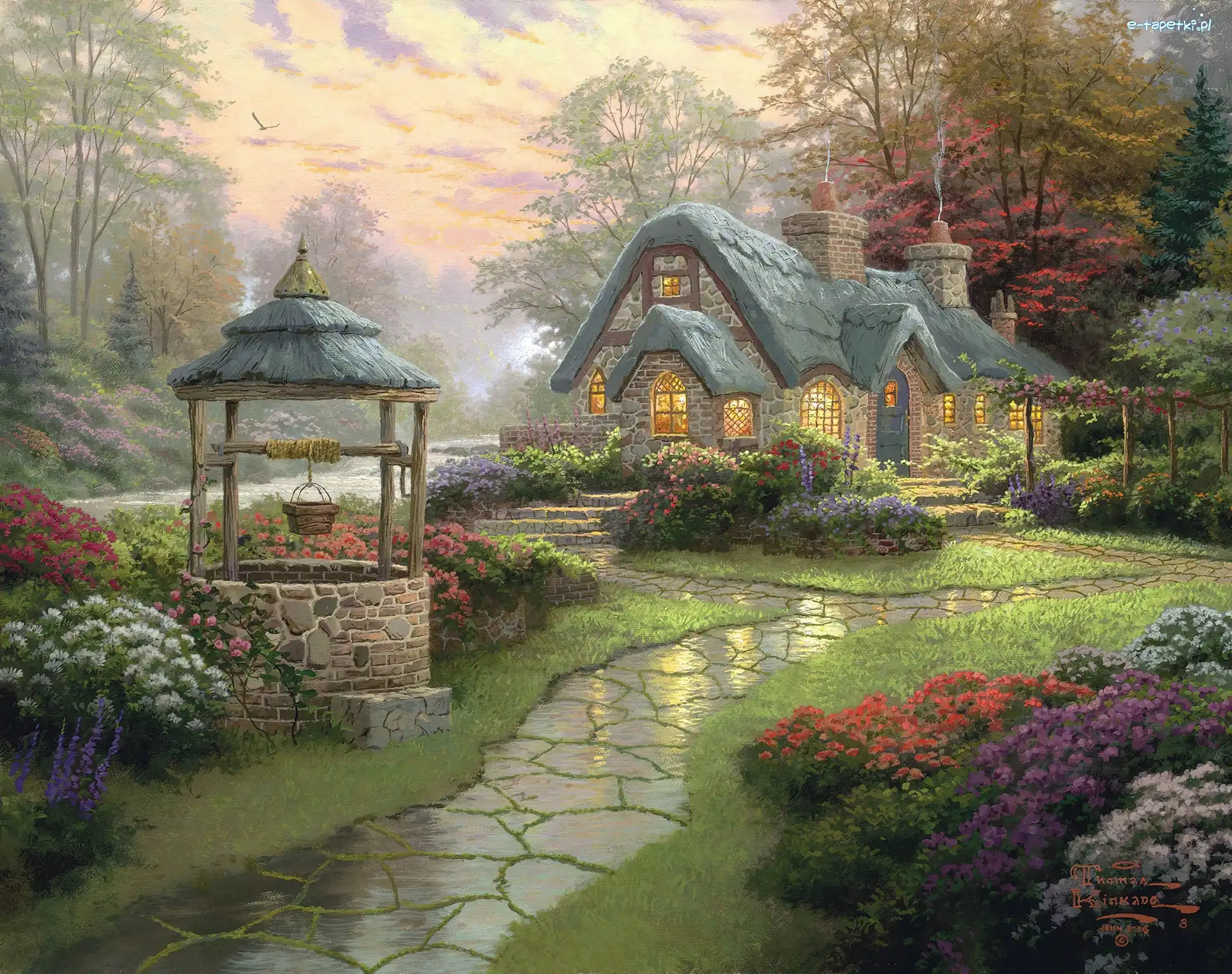 Ogród, Studnia, Dworek, Thomas Kinkade, Obraz