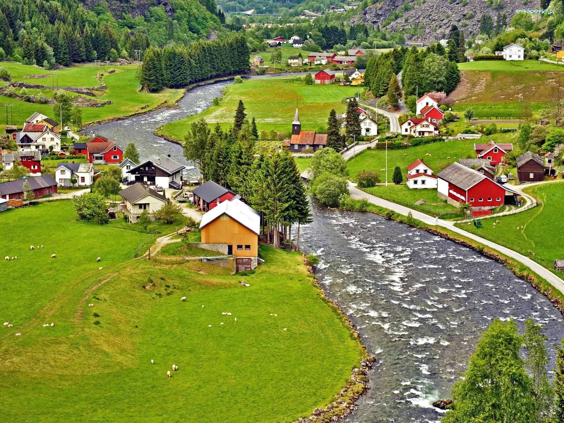 Łąki, Norwegia, Domy, Rzeka