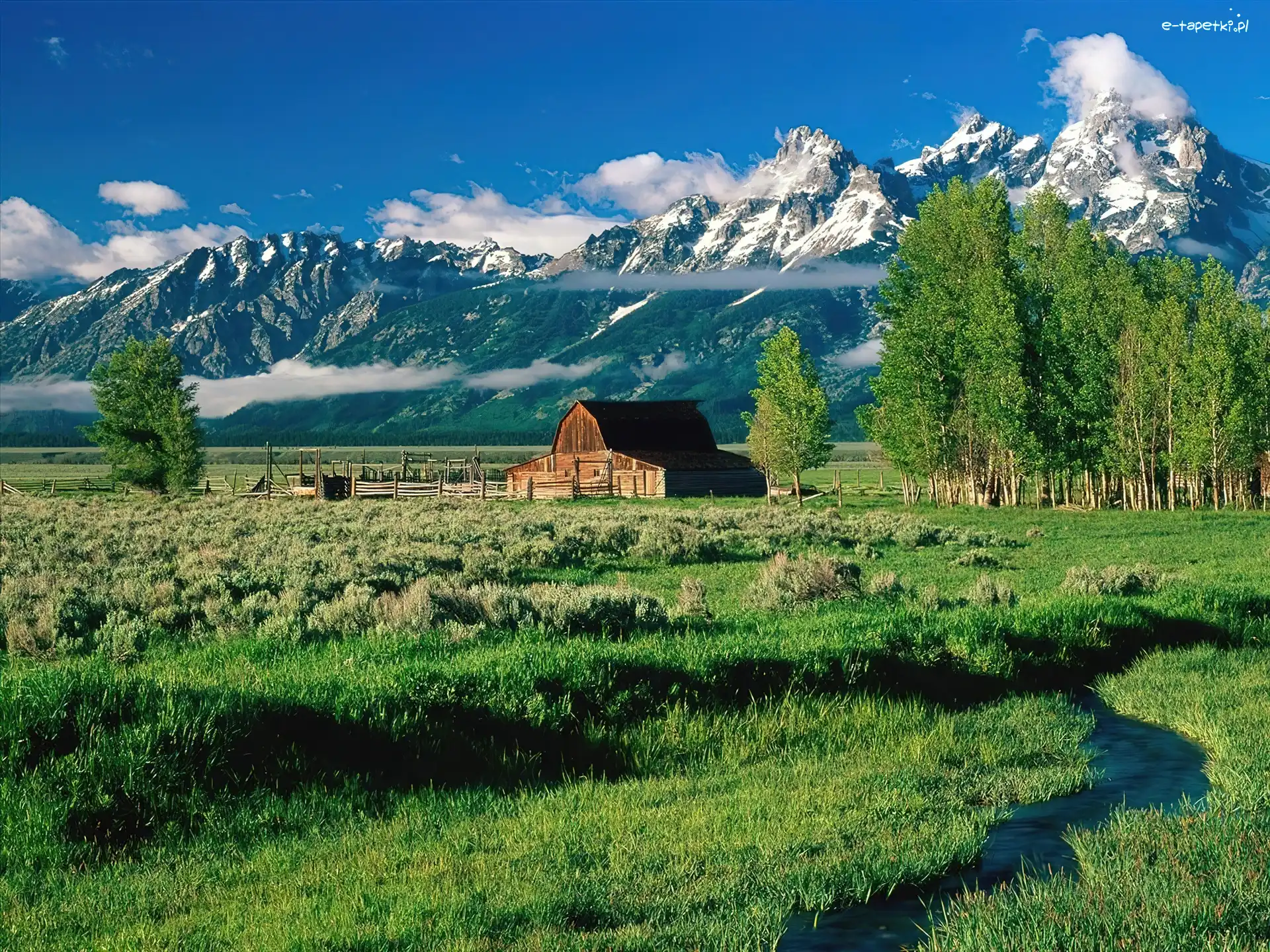 Góry Teton Range, Stan Wyoming, Strumyk, Drzewa, Park Narodowy Grand Teton, Drewniany, Budynek, Stany Zjednoczone