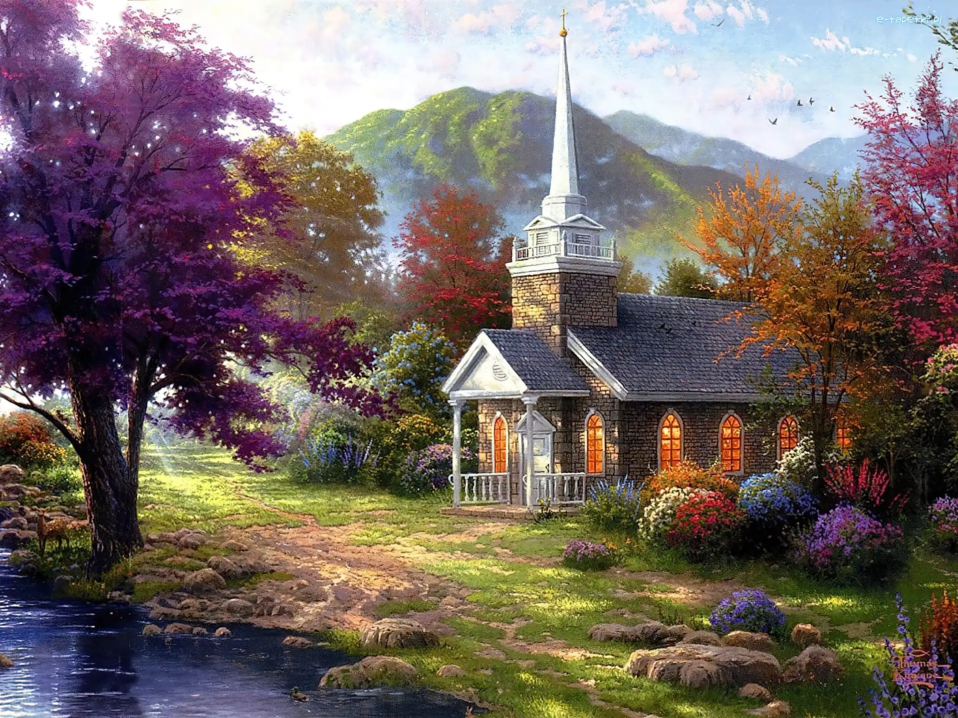 Kościółek, Jesień, Góry, Thomas Kinkade