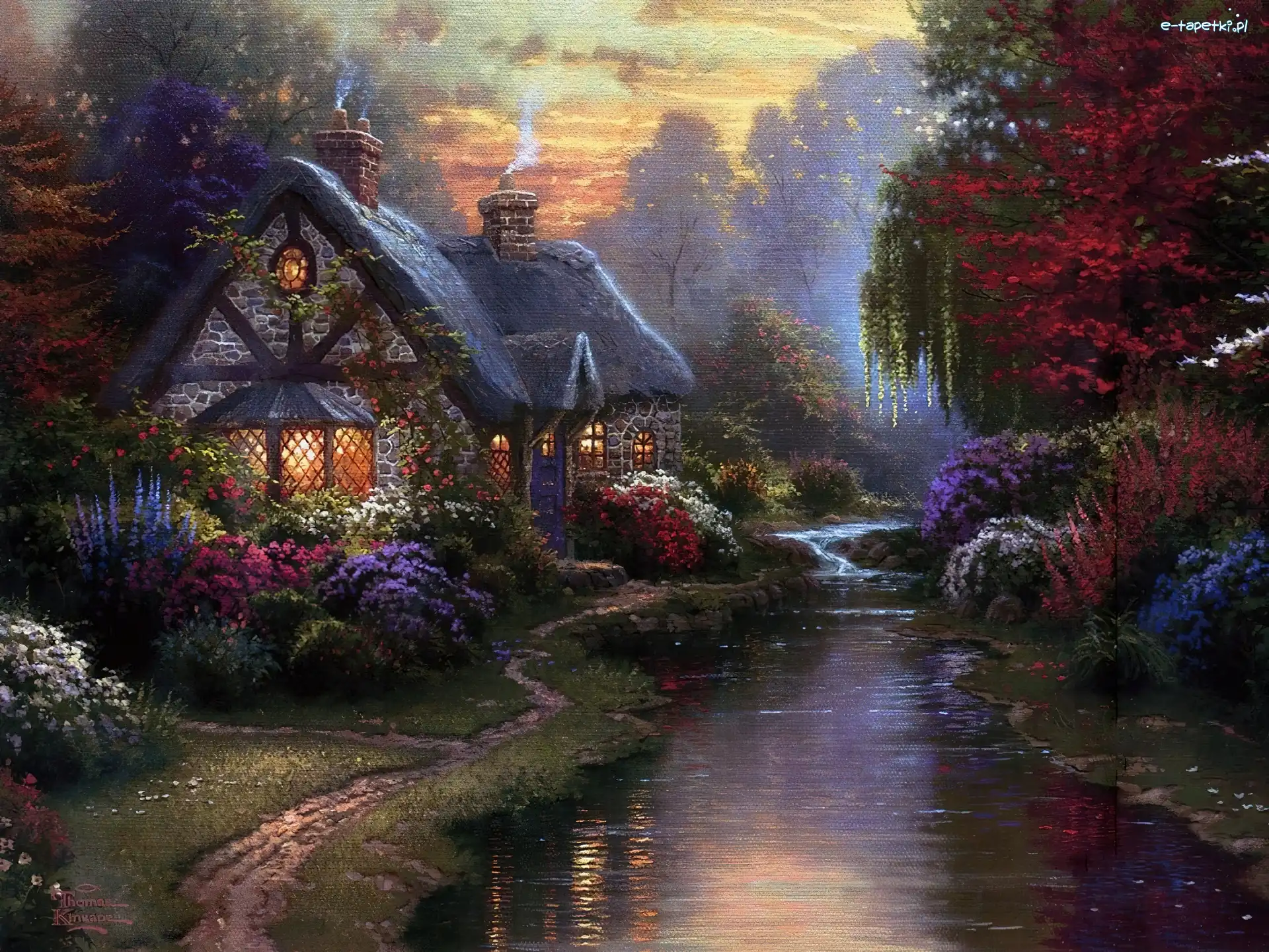 Chata, Thomas Kinkade, Kwiaty, Rzeczka