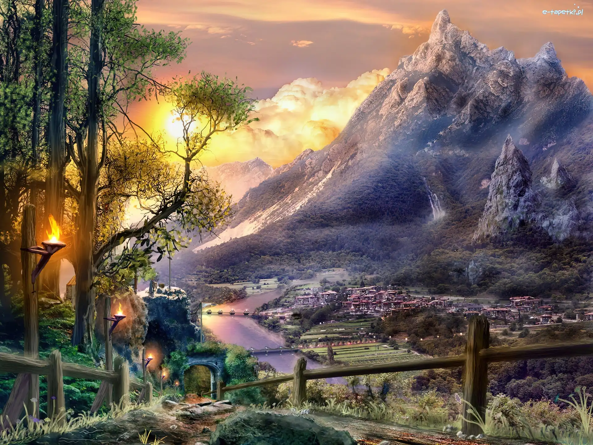 Zachód, Fantasy, Słońca, Góry