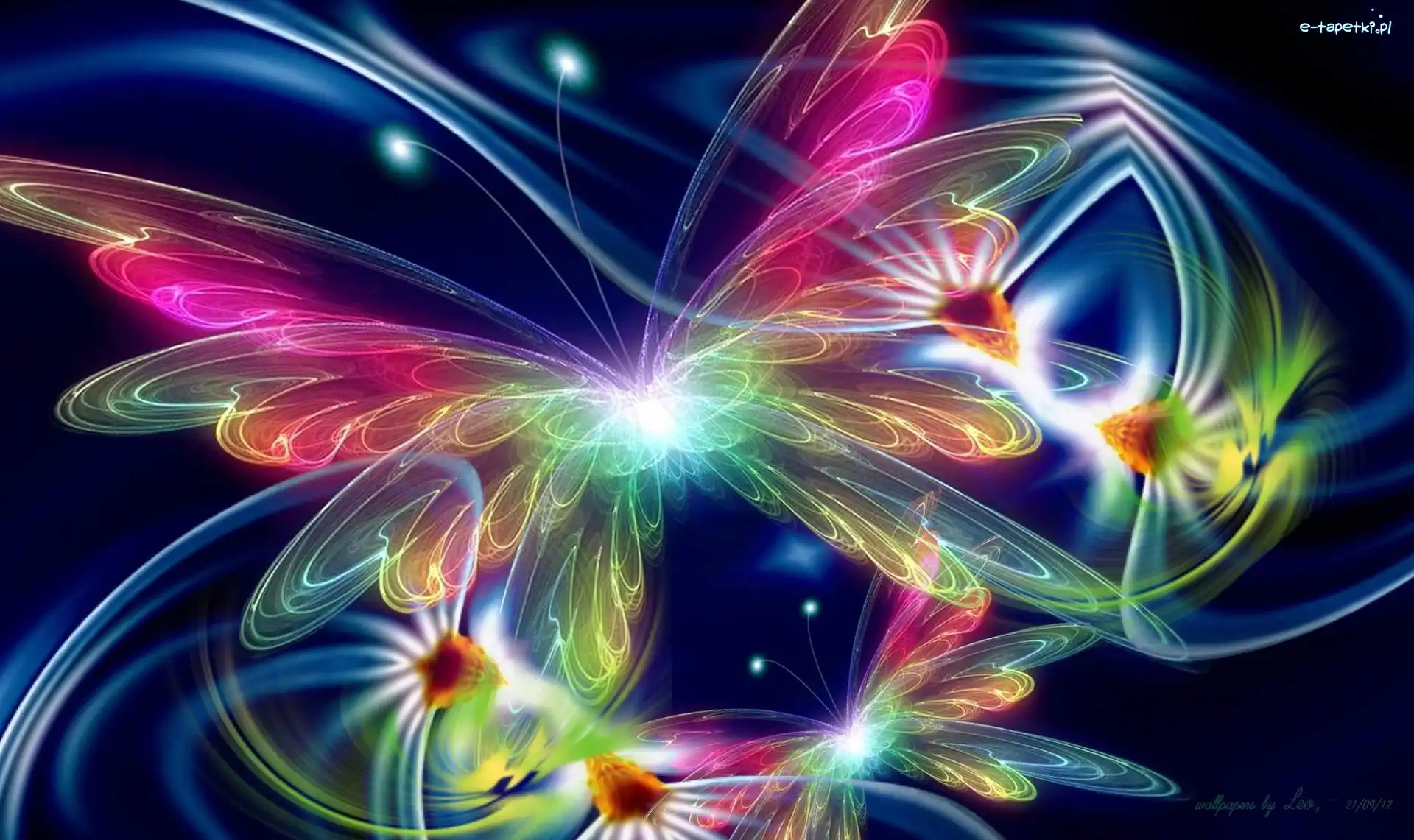 Grafika, Motyl, Poświata, Fractalius, Kwiaty