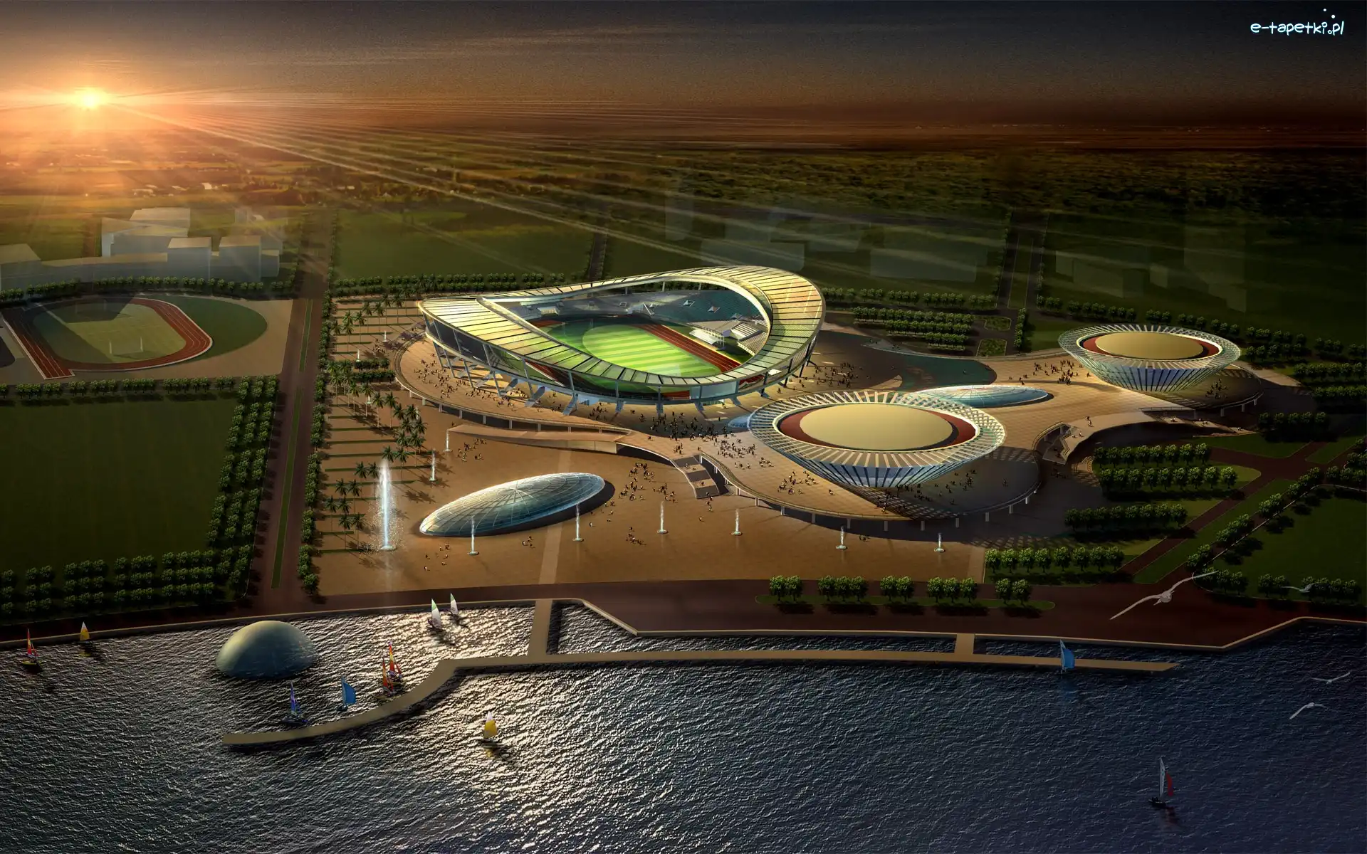 Słońca, Drzewa, Jachty, Stadiony, Projekt, Zachód, Jezioro