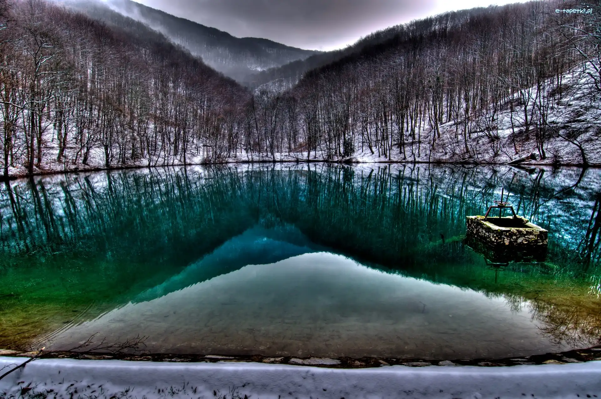 Jezioro, Wzgórza, Zima, Las