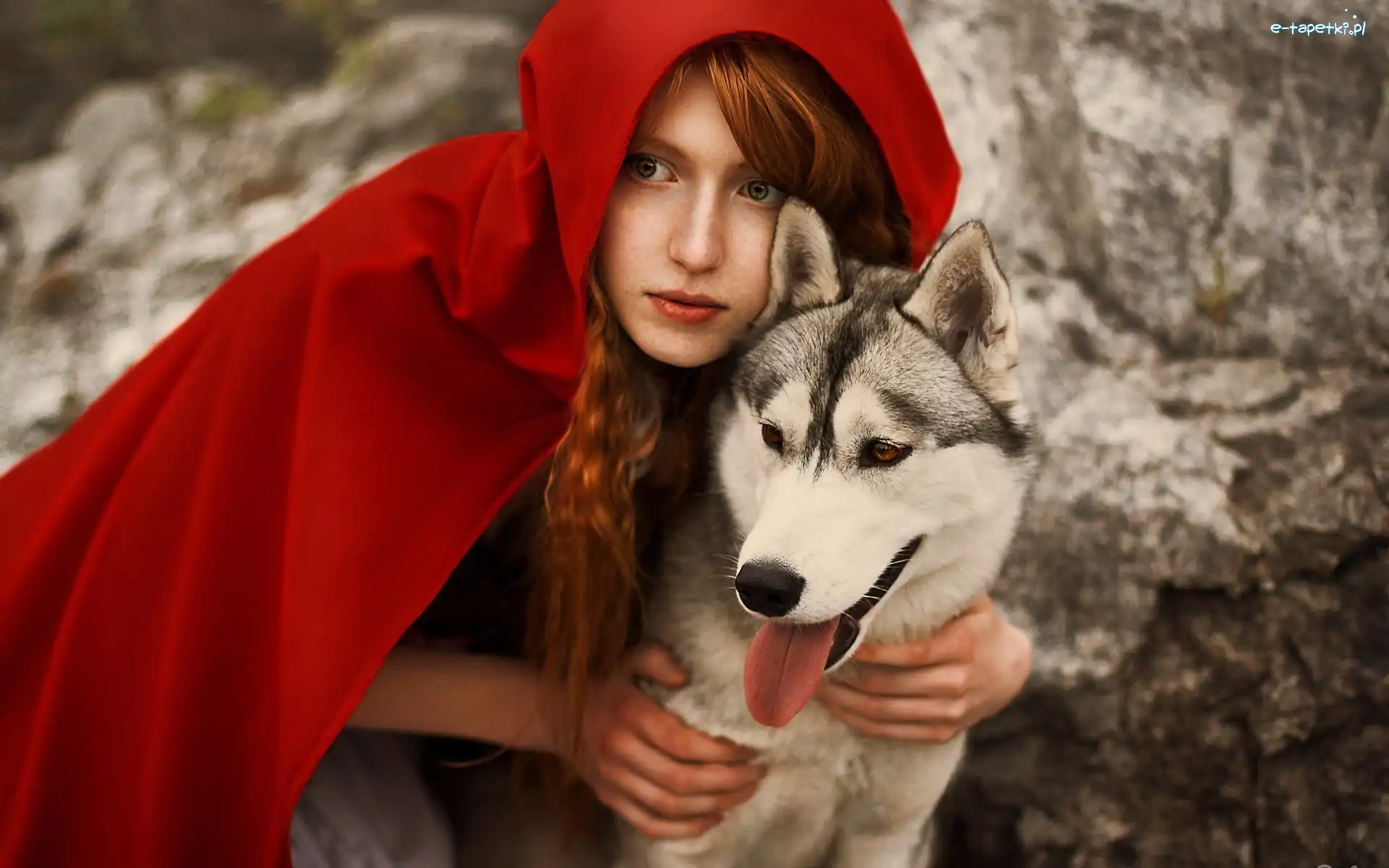 Kobieta, Peleryna, Czerwona, Husky, Pies