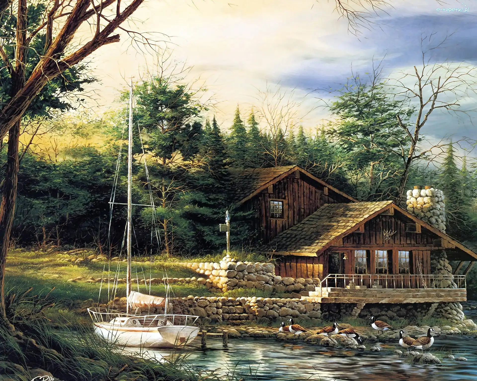 Żaglówka, Dom, Jezioro, Kaczki, Posiadłość, Obraz